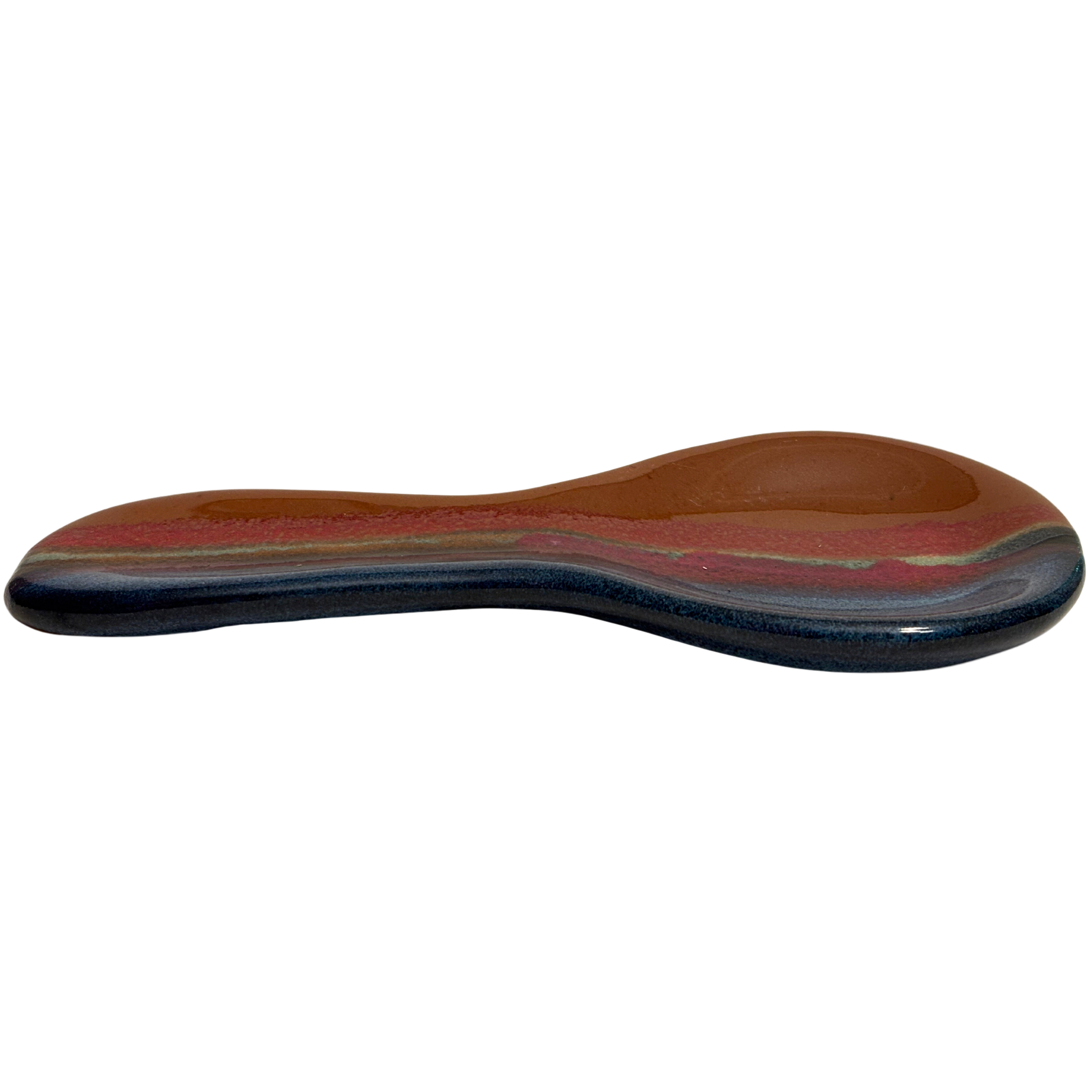 Handmade ceramic spoon rest – Ruins glaze, rustic red, earthy brown, and deep blue tones with a smooth, glossy finish.