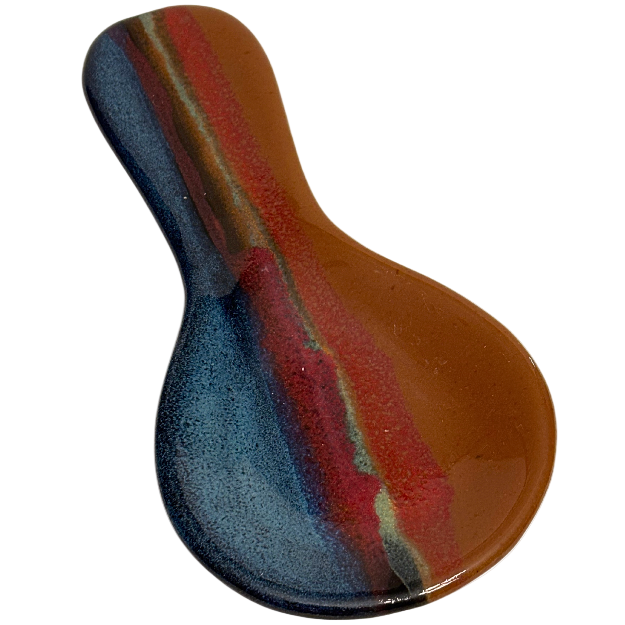 Handmade ceramic spoon rest – Ruins glaze, rustic red, earthy brown, and deep blue tones with a smooth, glossy finish.