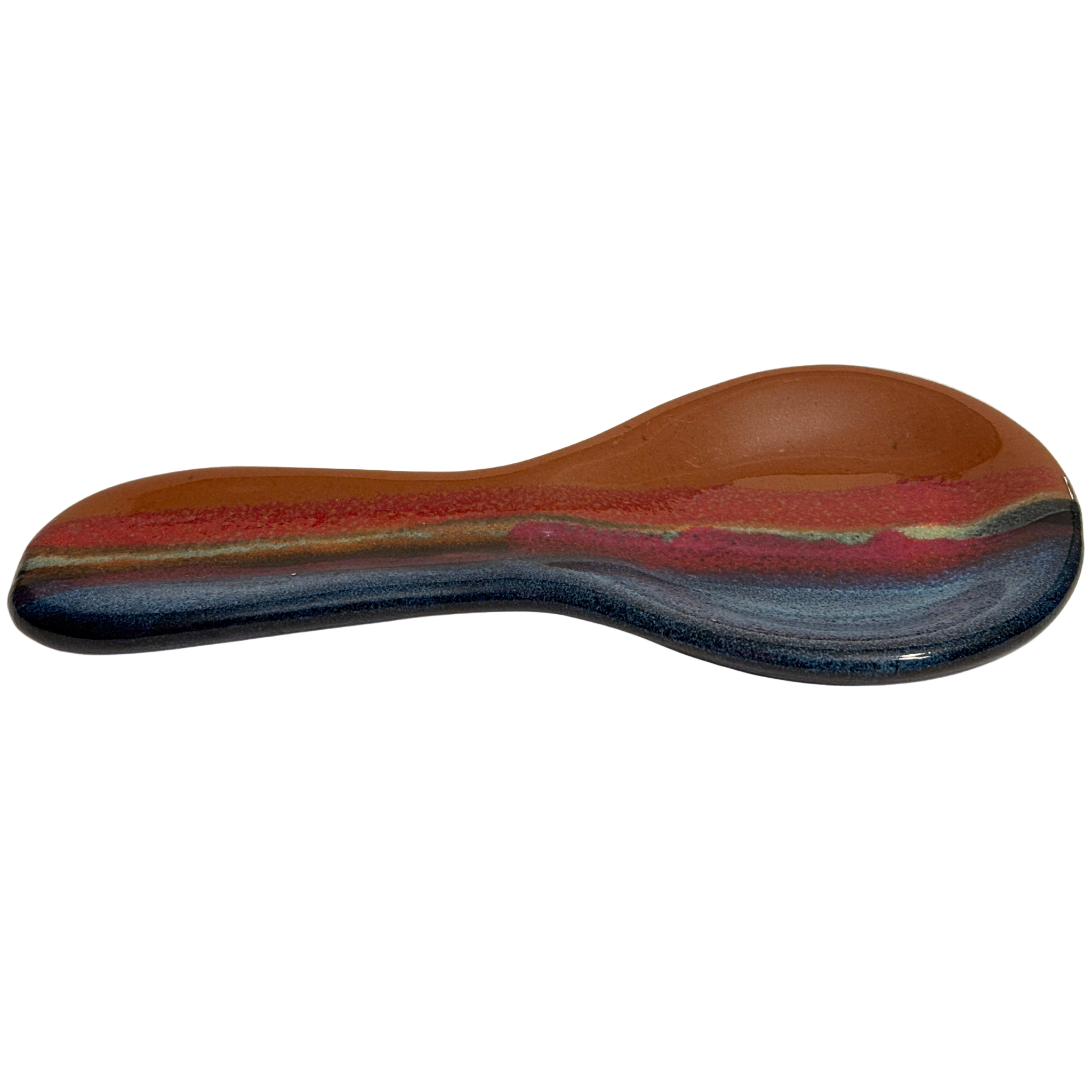 Handmade ceramic spoon rest – Ruins glaze, rustic red, earthy brown, and deep blue tones with a smooth, glossy finish.