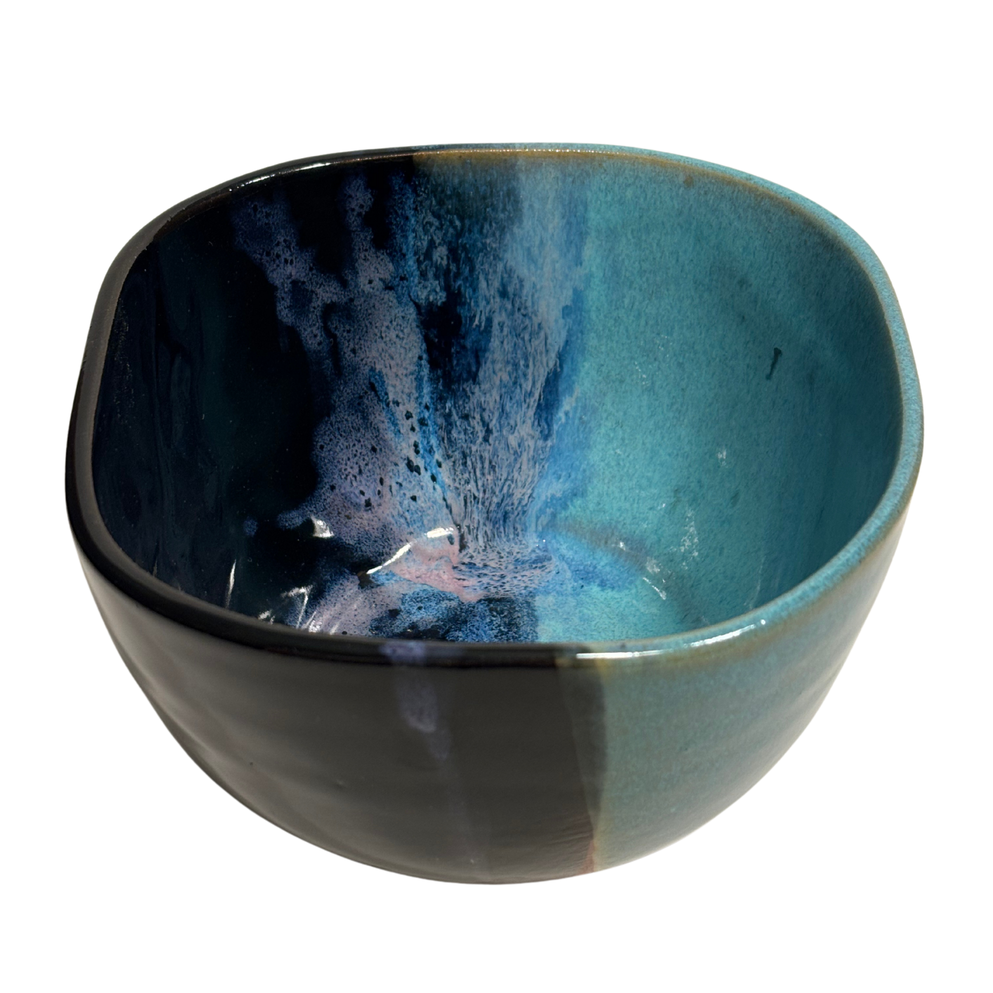 Arctic Twilight handmade ceramic salad bowl with glossy teal and navy splash-glaze