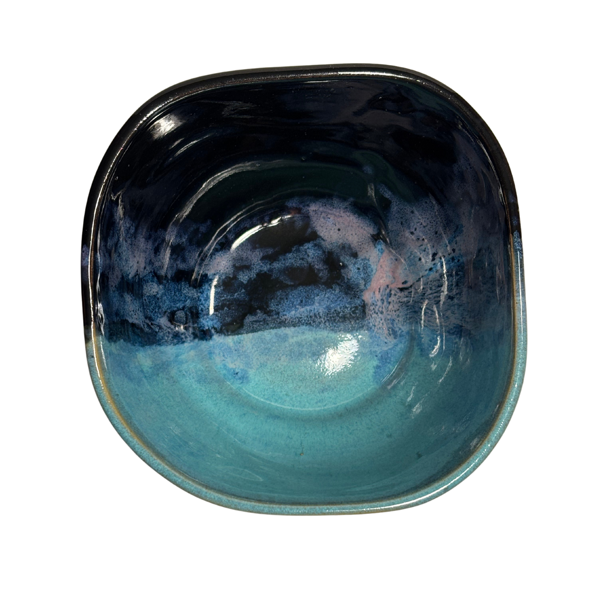 Arctic Twilight handmade ceramic salad bowl with glossy teal and navy splash-glaze