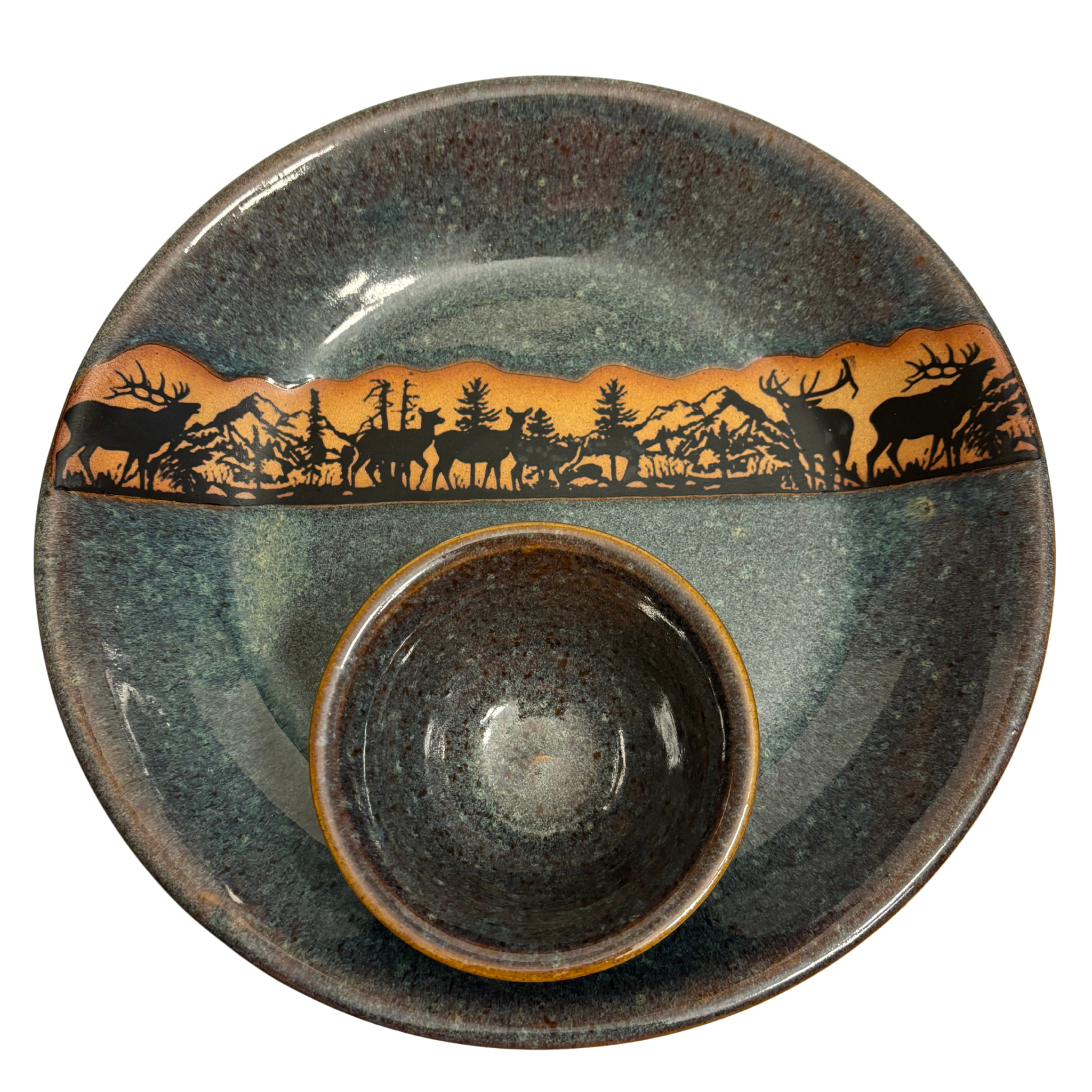 Alpine Wilderness handmade ceramic chip and dip platter with detailed elk and deer silhouette design against a mountain forest landscape.