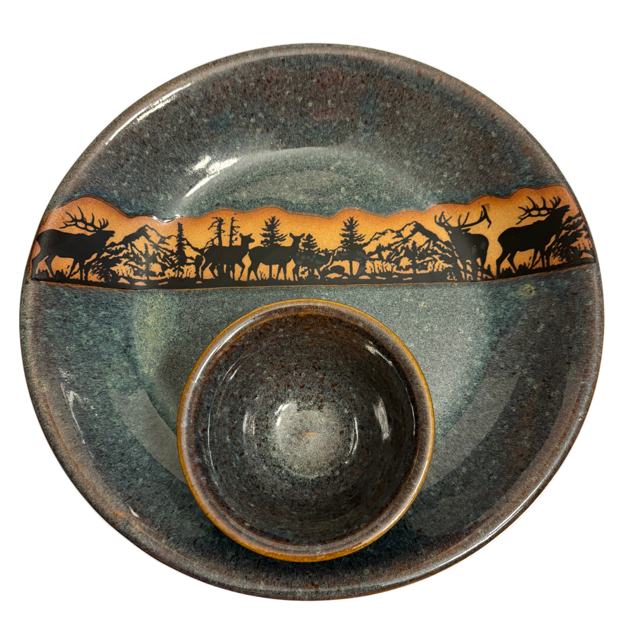 Alpine Wilderness handmade ceramic chip and dip platter with detailed elk and deer silhouette design against a mountain forest landscape.