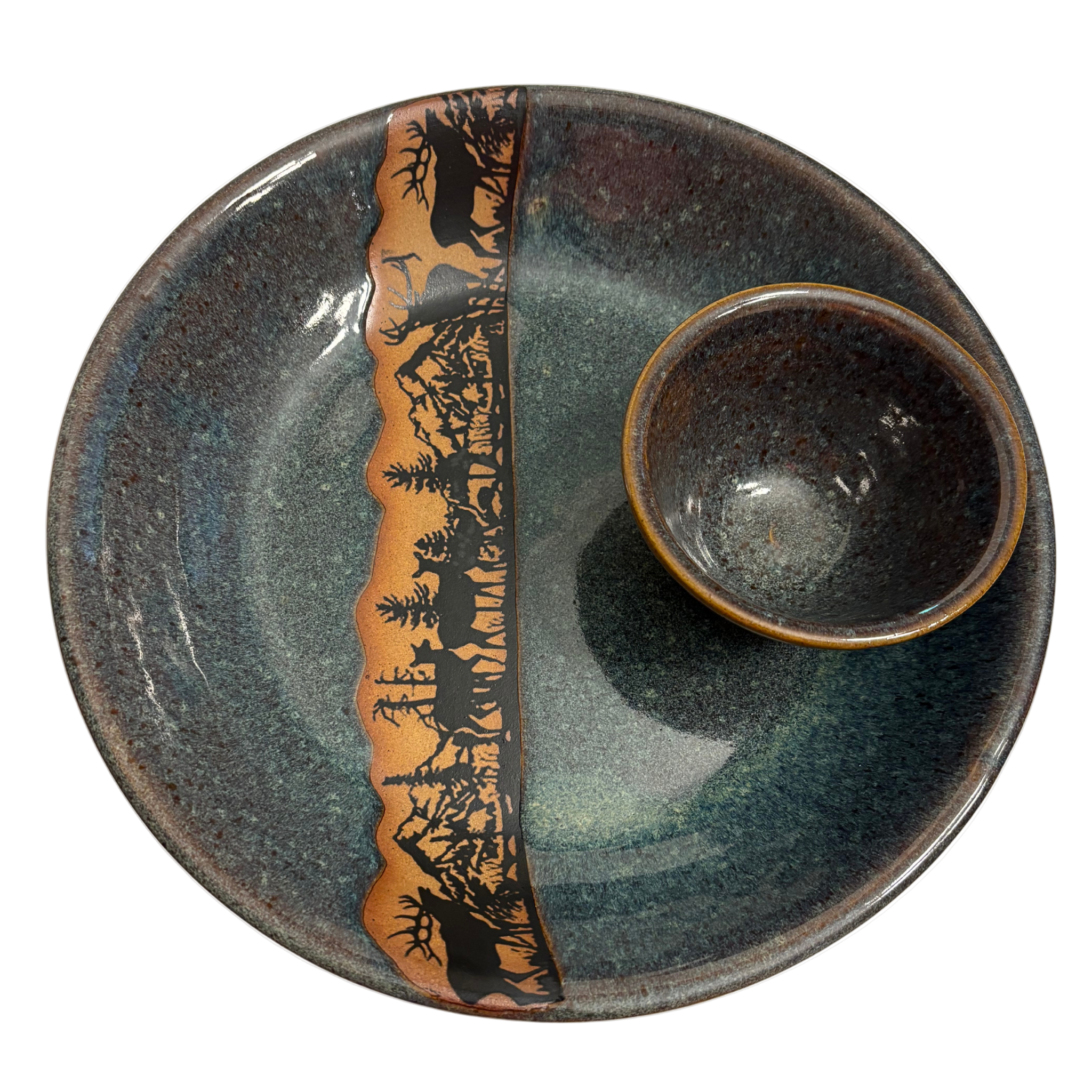 Alpine Wilderness handmade ceramic chip and dip platter with detailed elk and deer silhouette design against a mountain forest landscape.