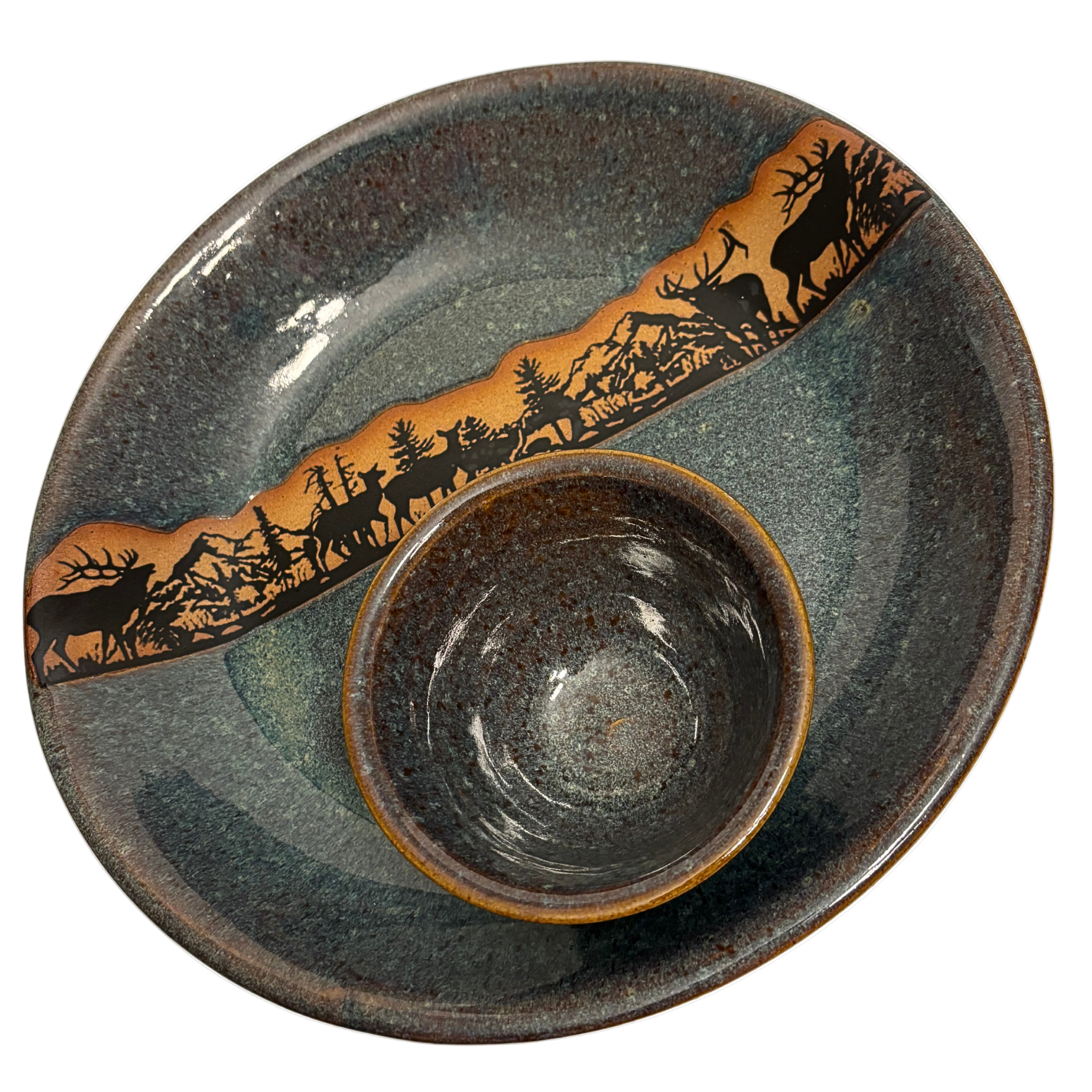Alpine Wilderness handmade ceramic chip and dip platter with detailed elk and deer silhouette design against a mountain forest landscape.