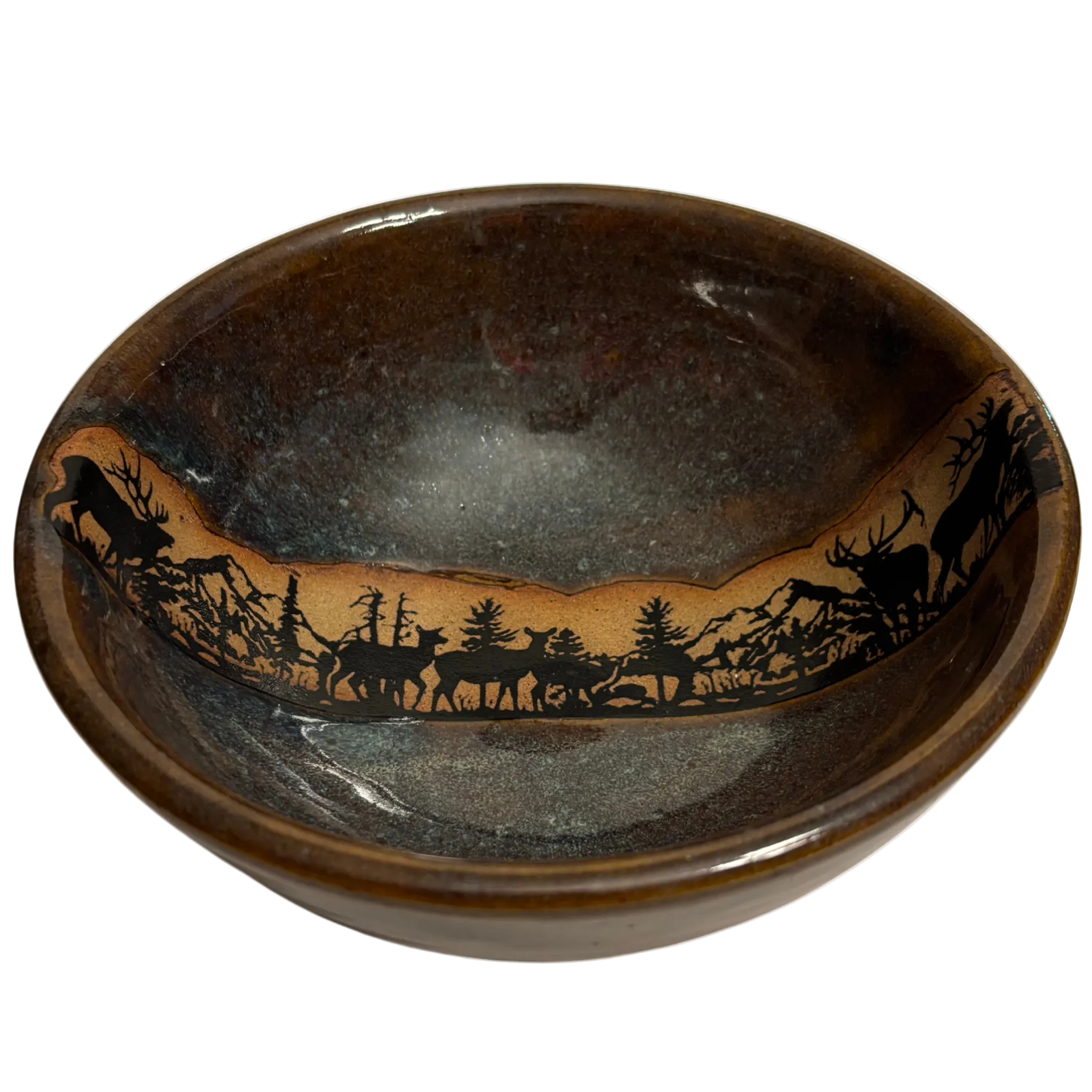 Alpine Wilderness handmade ceramic salad bowl with earthy glaze and mountain elk forest silhouette design.