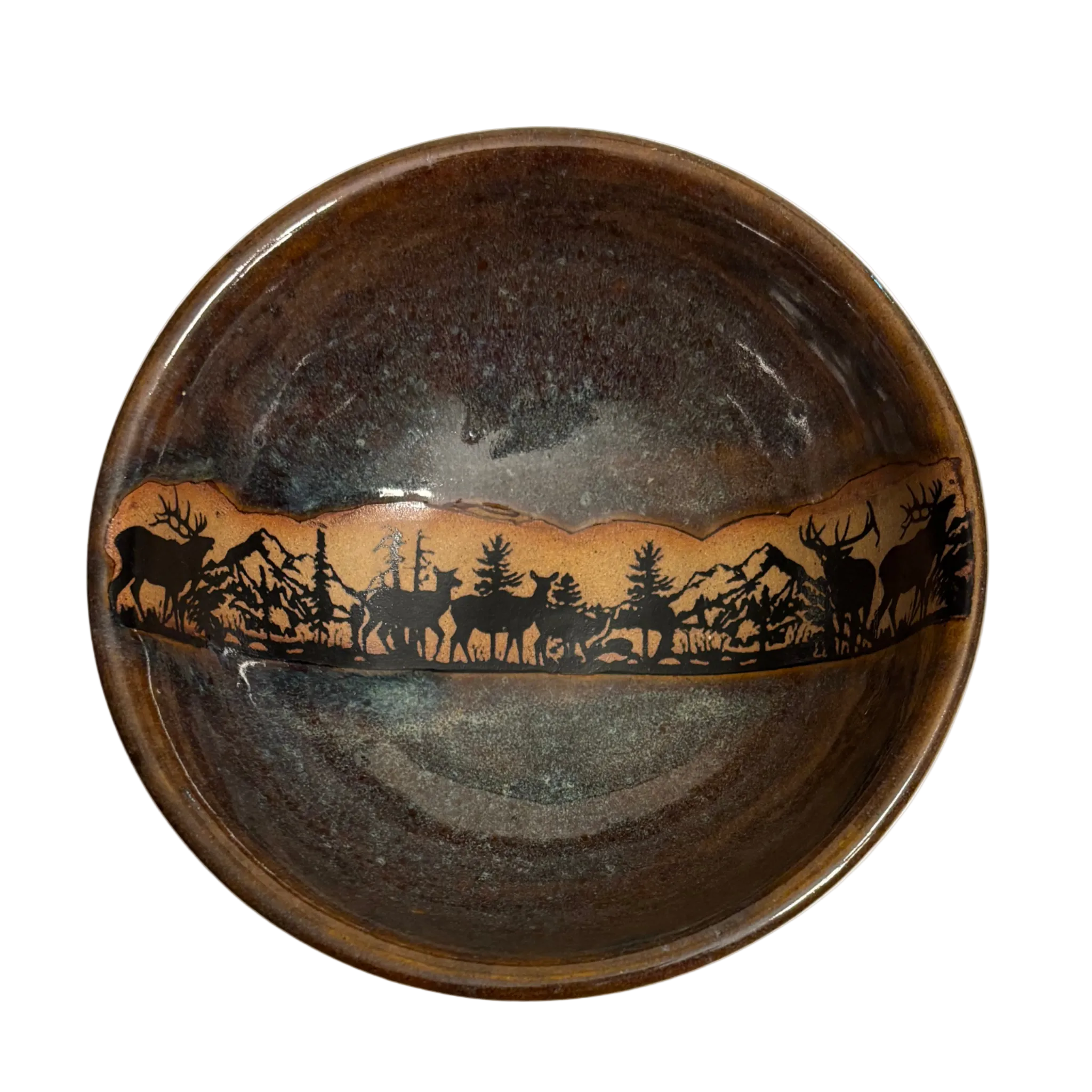 Alpine Wilderness handmade ceramic salad bowl with earthy glaze and mountain elk forest silhouette design.