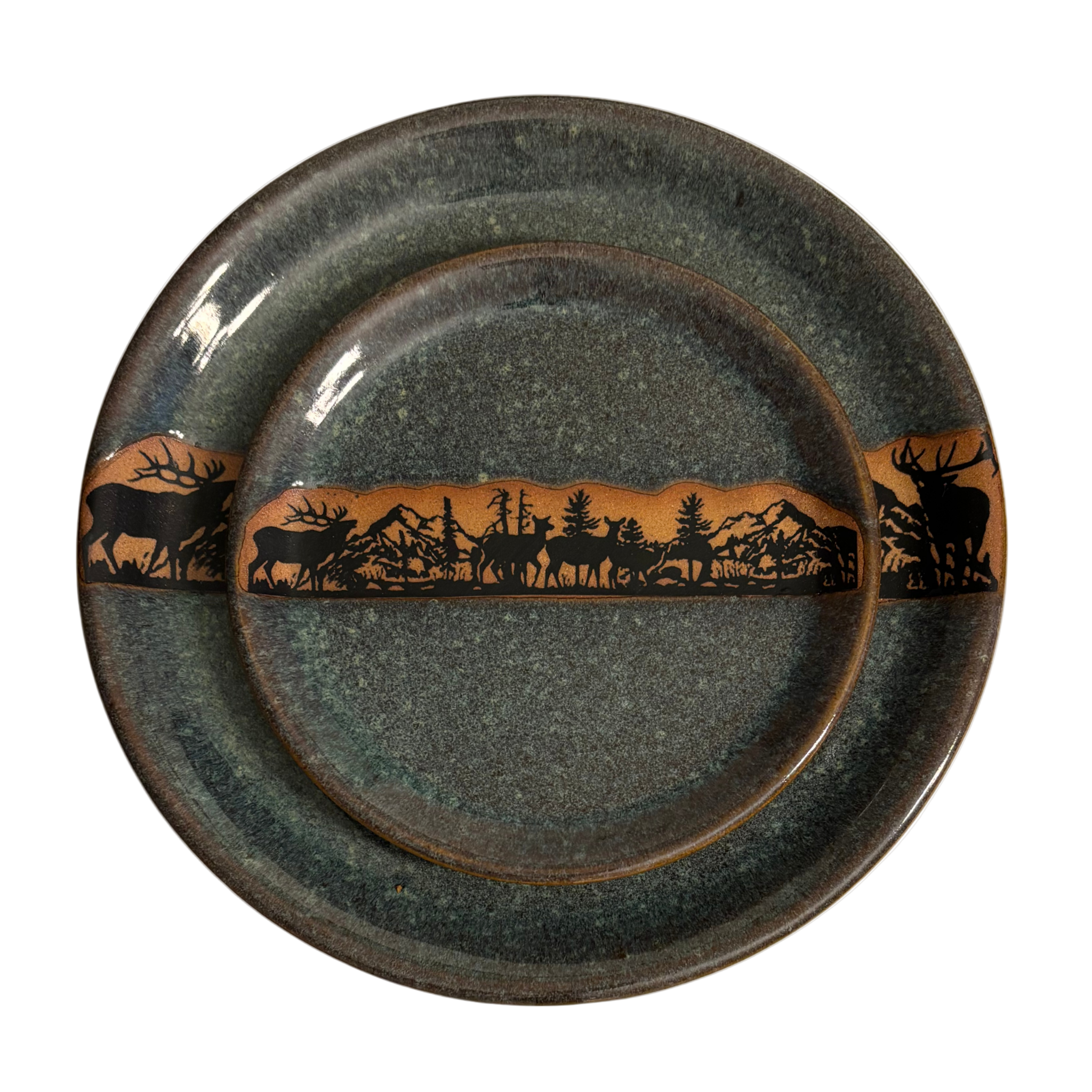 Handmade Alpine Wilderness ceramic dinner & salad plates with green glaze and mountain wildlife silhouette band.