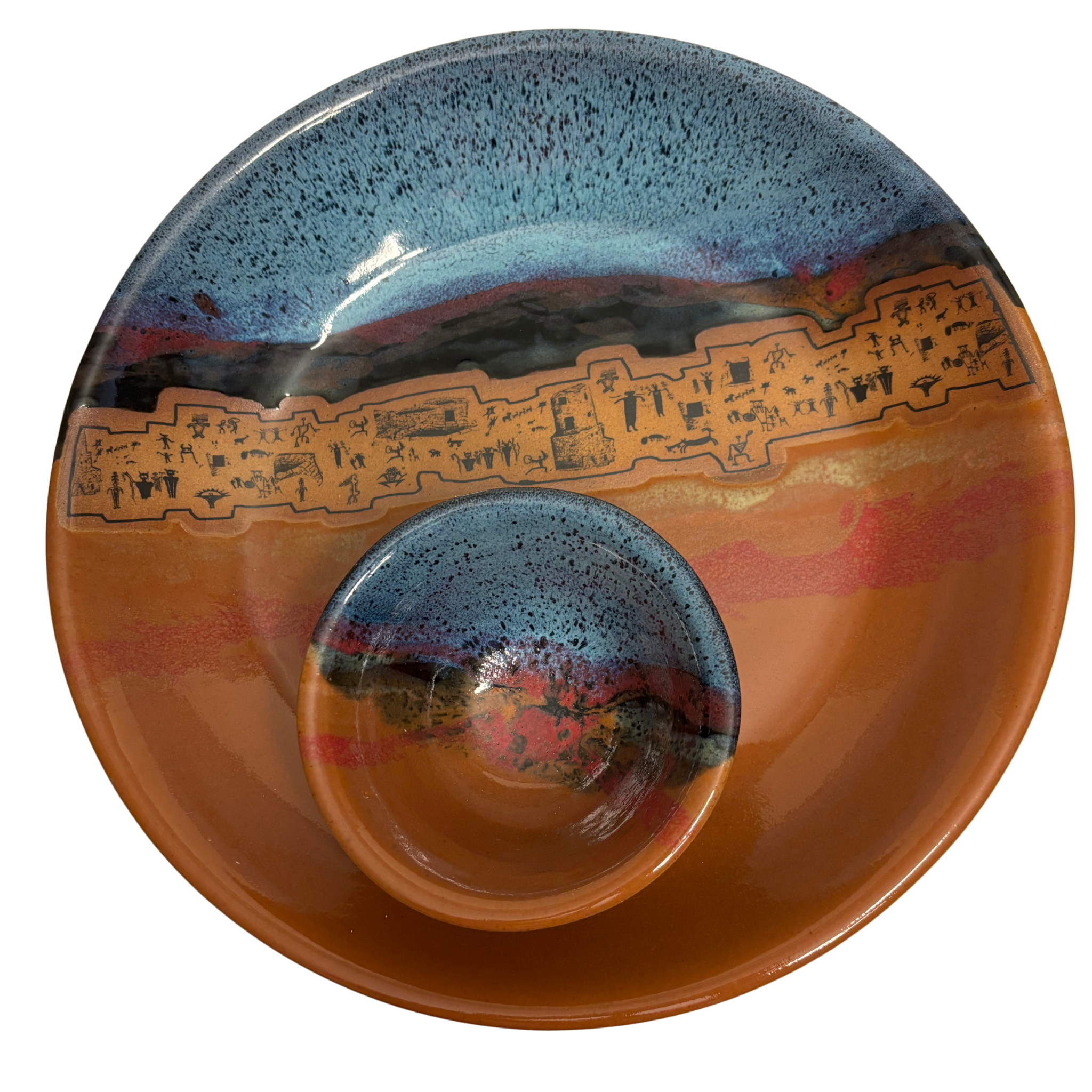 Ancient Echoes handmade ceramic chip and dip platter with blue and rust glaze featuring petroglyph village design.