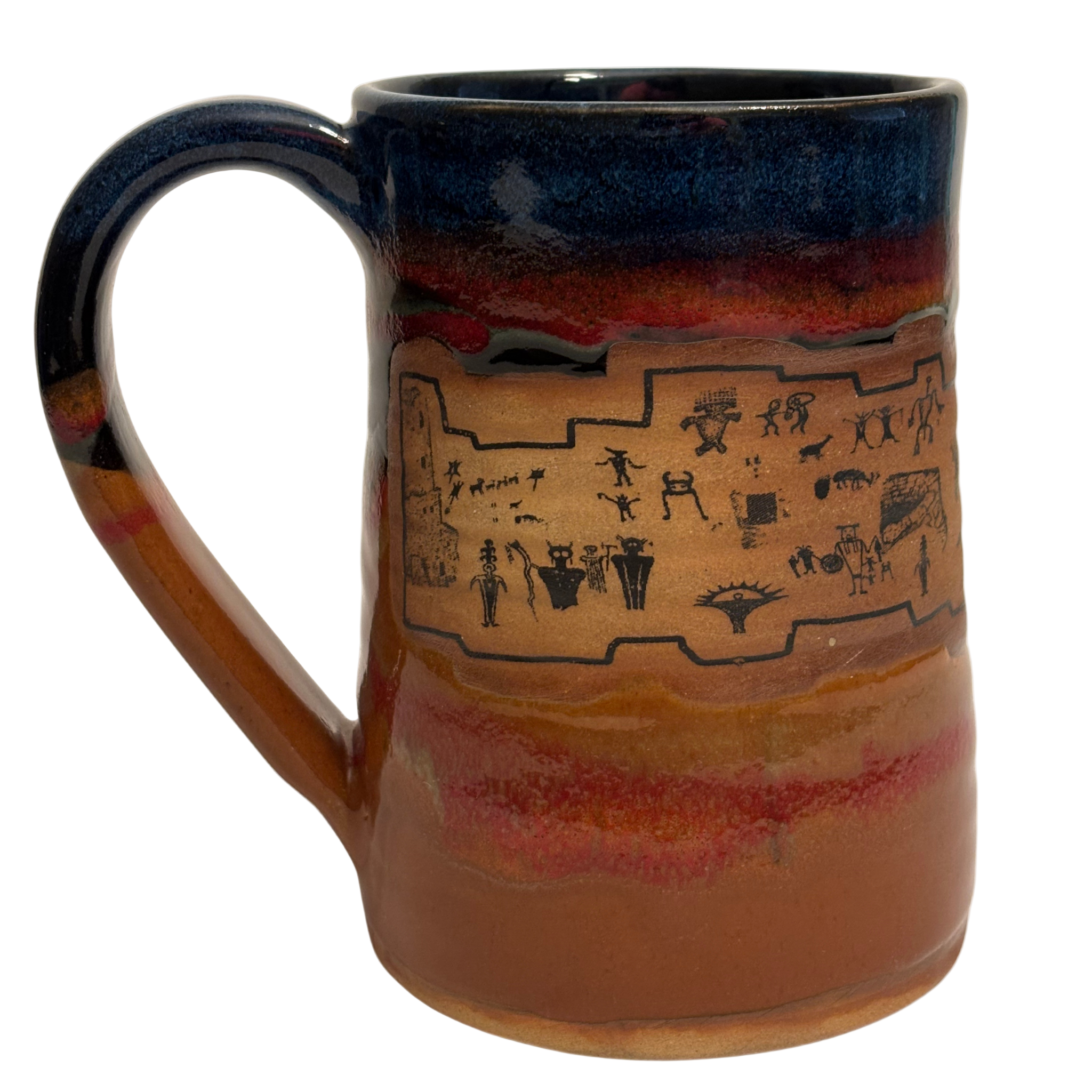 Ancient Echoes handmade ceramic 24oz tankard with brown, red, and blue glaze featuring petroglyph village design.