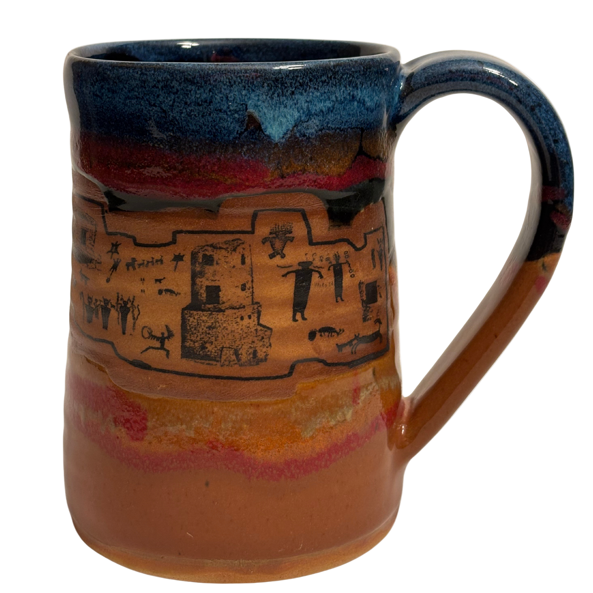 Ancient Echoes handmade ceramic 24oz tankard with brown, red, and blue glaze featuring petroglyph village design.