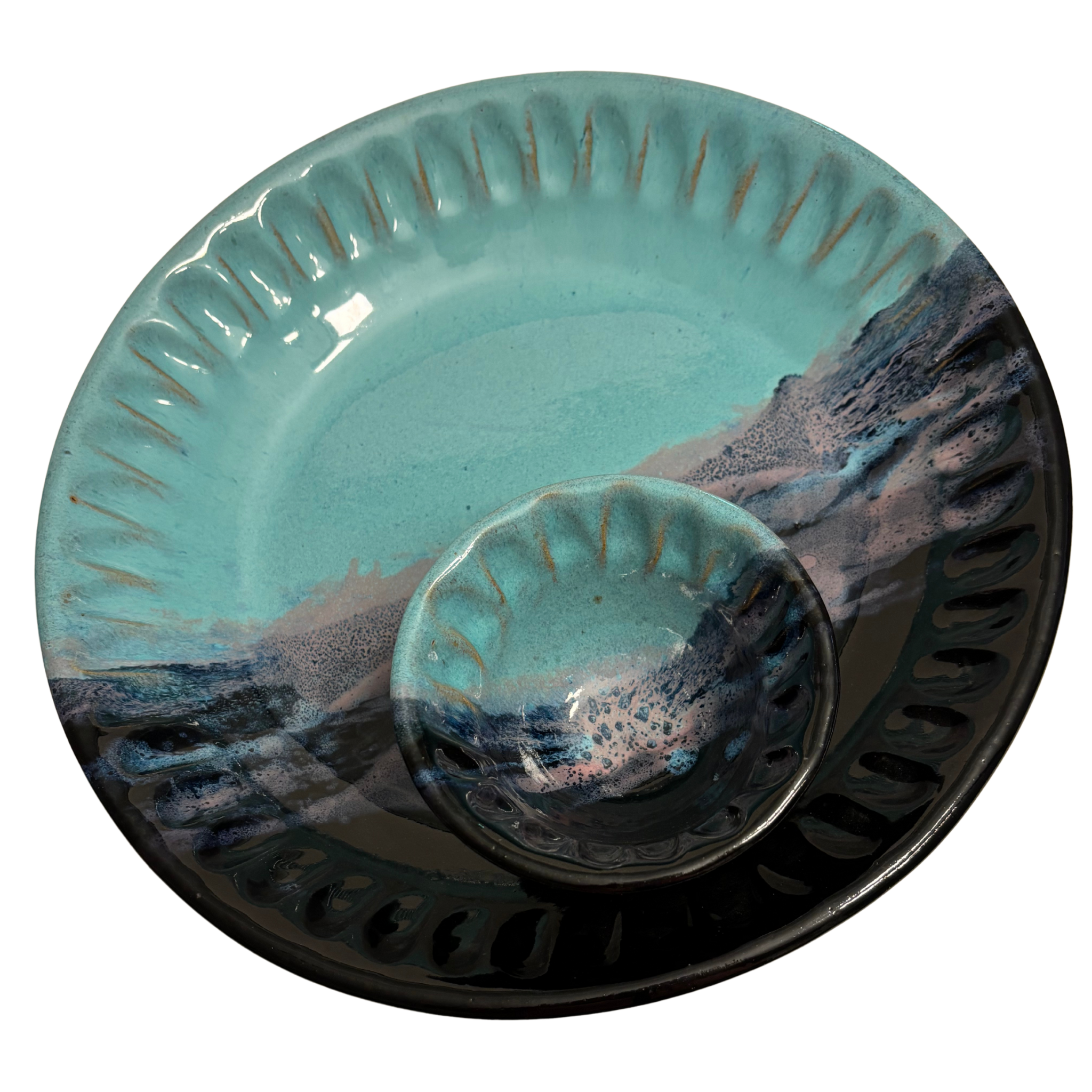 Arctic Twilight handmade ceramic chip and dip platter with teal, navy, and lavender glaze resembling icy twilight sky.