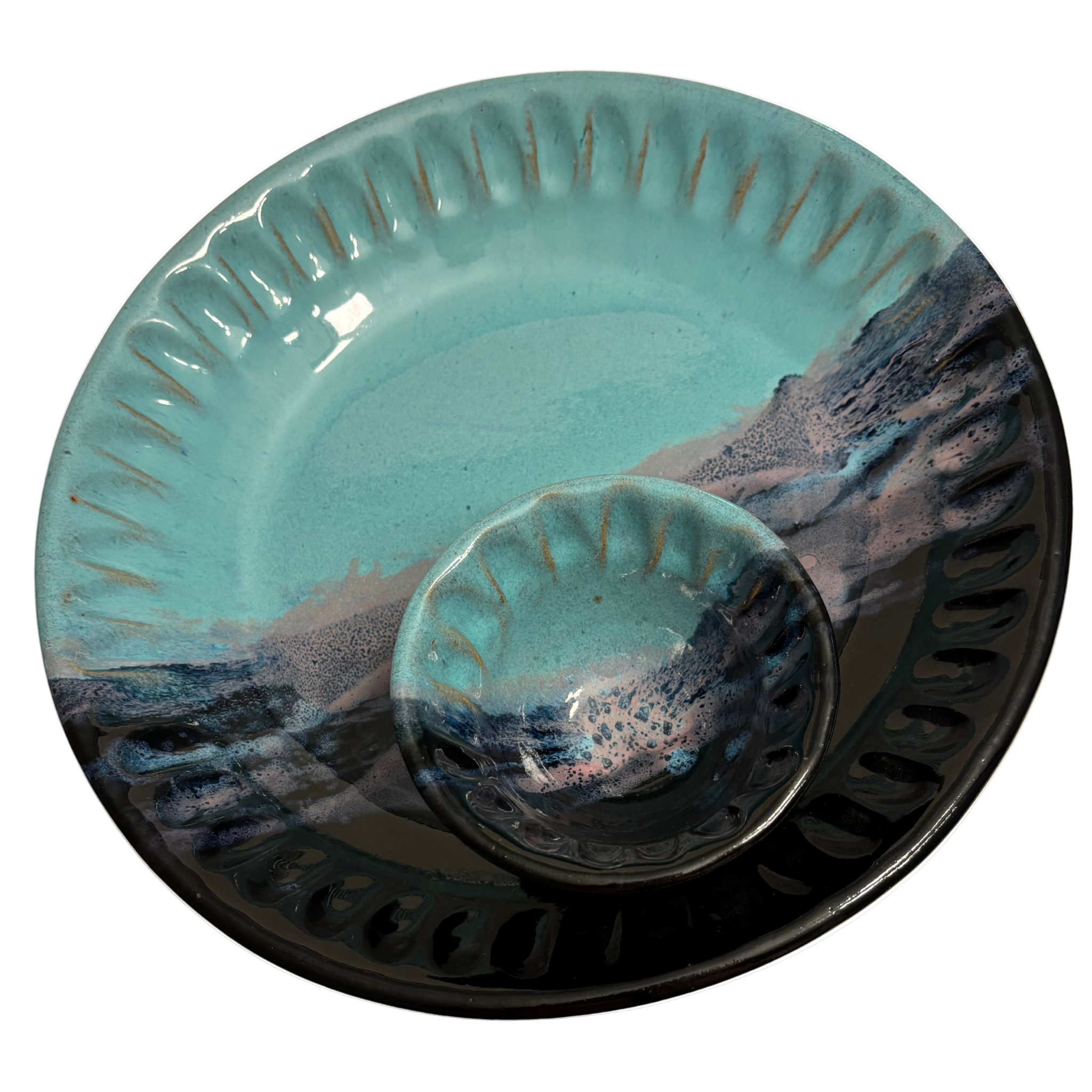 Arctic Twilight handmade ceramic chip and dip platter with teal, navy, and lavender glaze resembling icy twilight sky.
