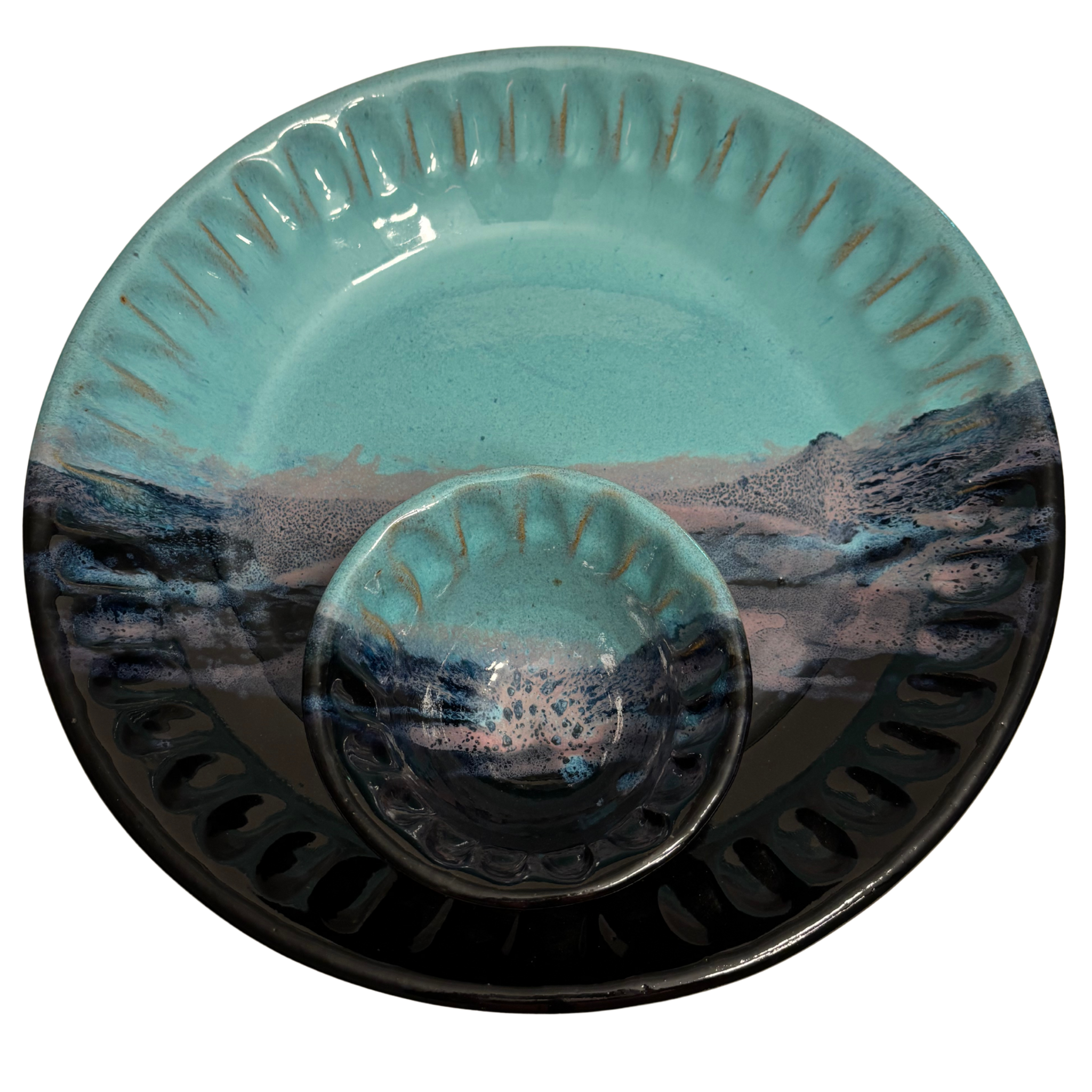 Arctic Twilight handmade ceramic chip and dip platter with teal, navy, and lavender glaze resembling icy twilight sky.