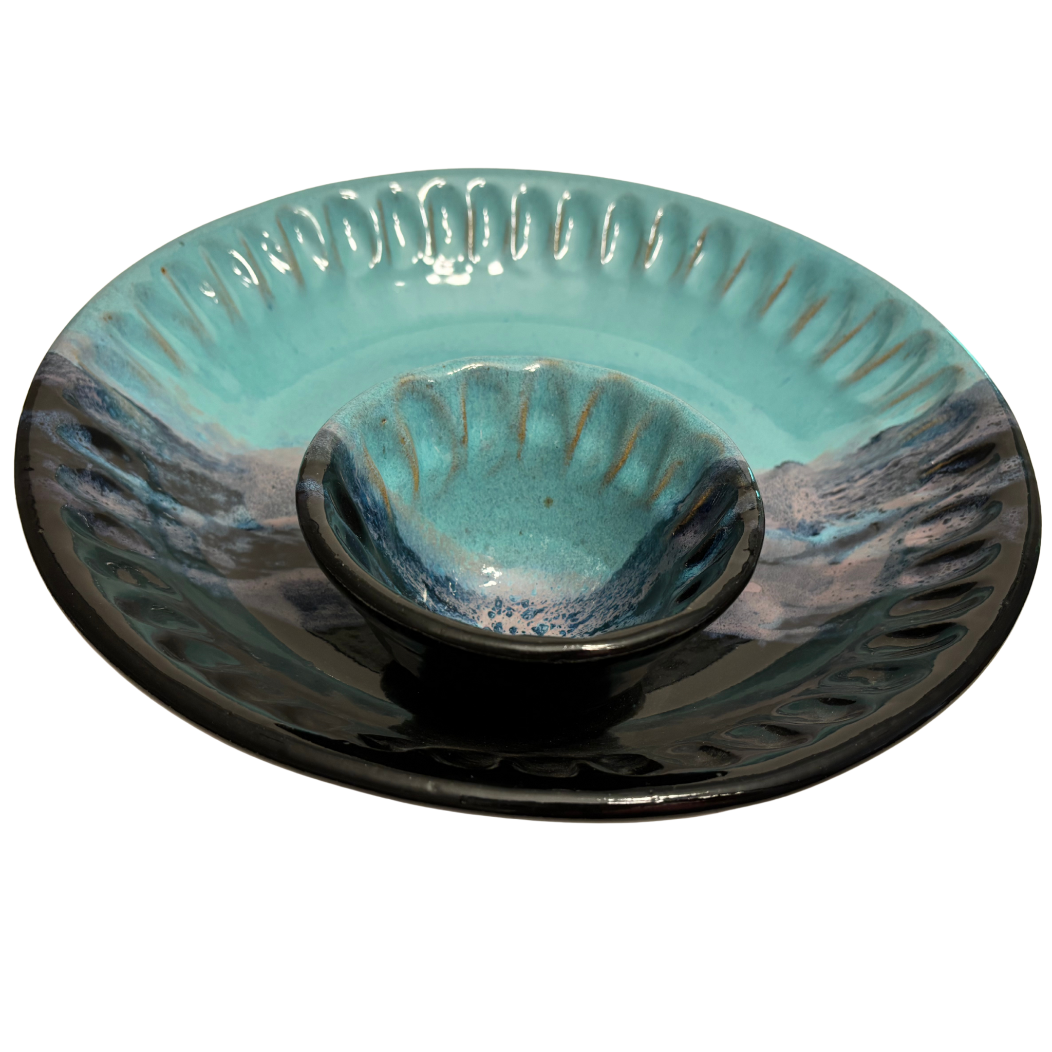Arctic Twilight handmade ceramic chip and dip platter with teal, navy, and lavender glaze resembling icy twilight sky.