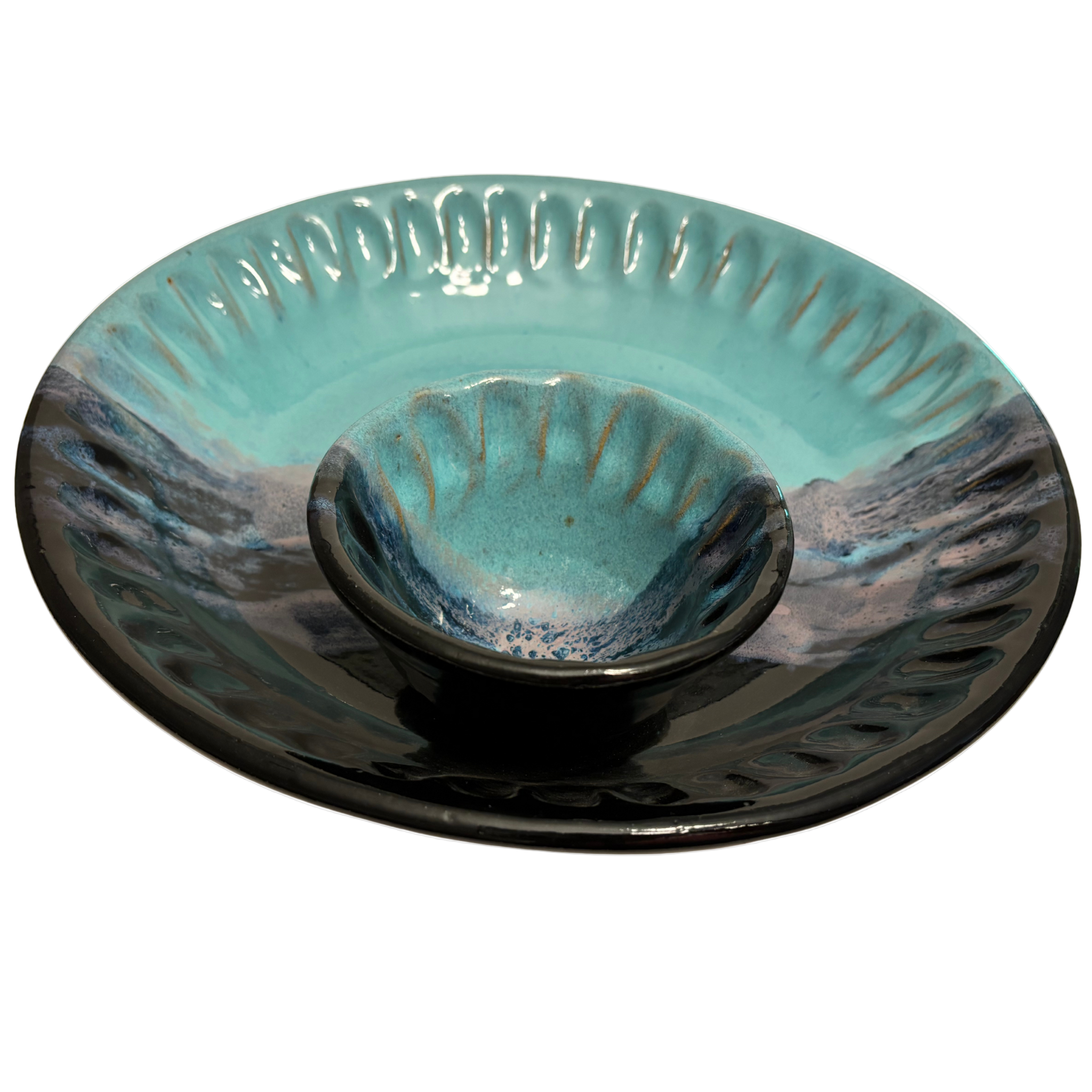 Arctic Twilight handmade ceramic chip and dip platter with teal, navy, and lavender glaze resembling icy twilight sky.