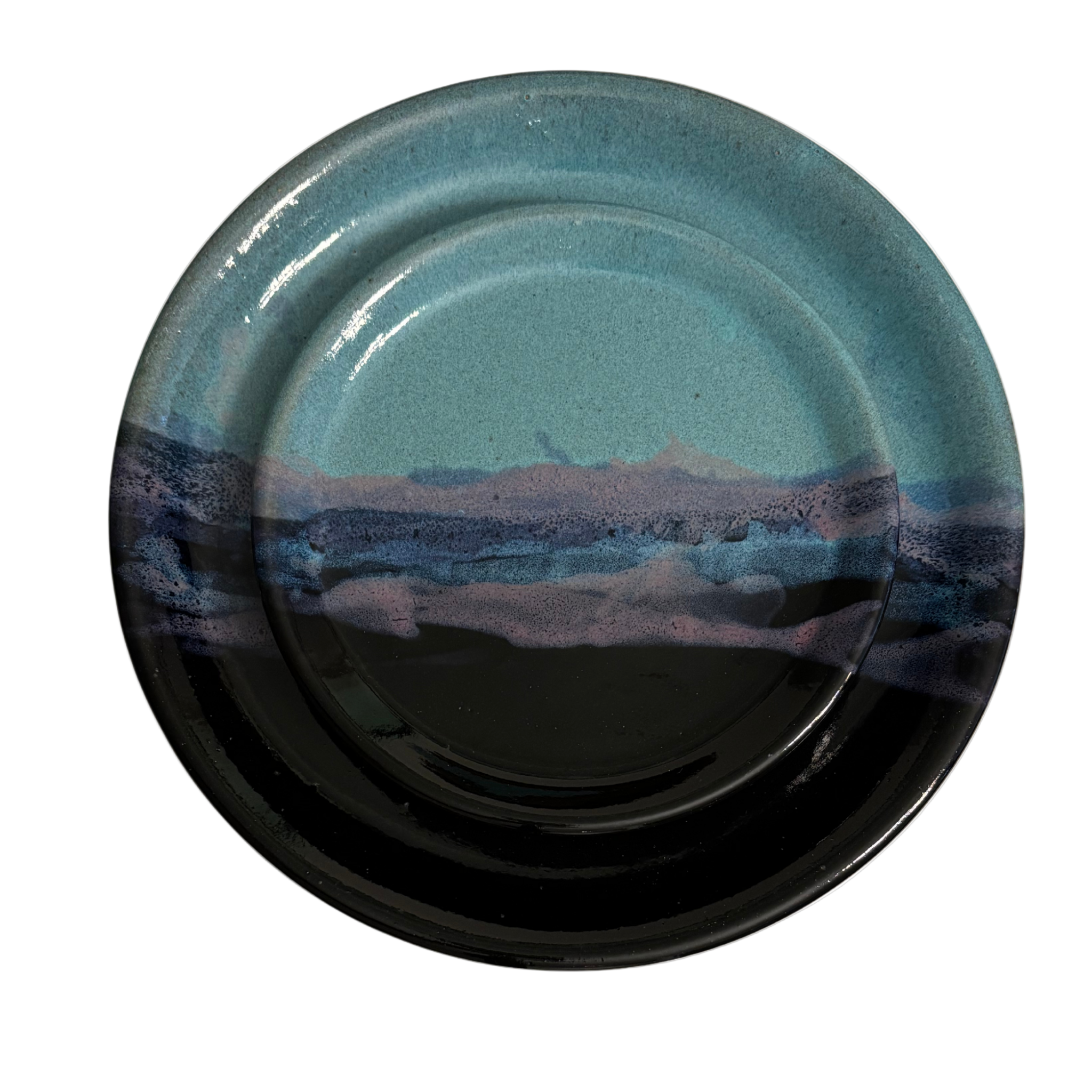 Arctic Twilight handmade ceramic dinner & salad plates with teal, navy, and lavender glaze evoking twilight sky.