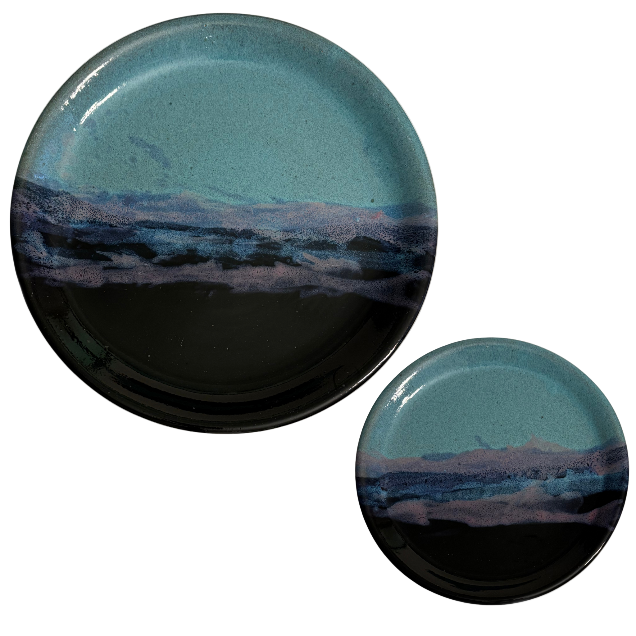 Arctic Twilight handmade ceramic dinner & salad plates with teal, navy, and lavender glaze evoking twilight sky.