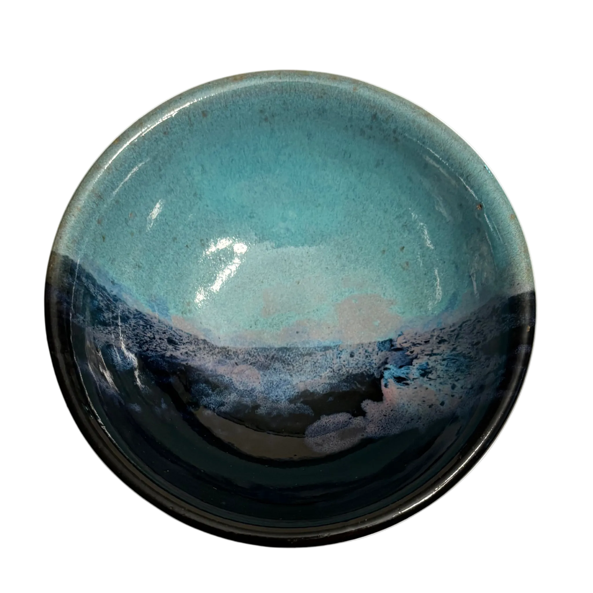 Arctic Twilight handmade ceramic salad bowl with teal and deep blue glaze accented by soft lavender tones resembling icy dusk.