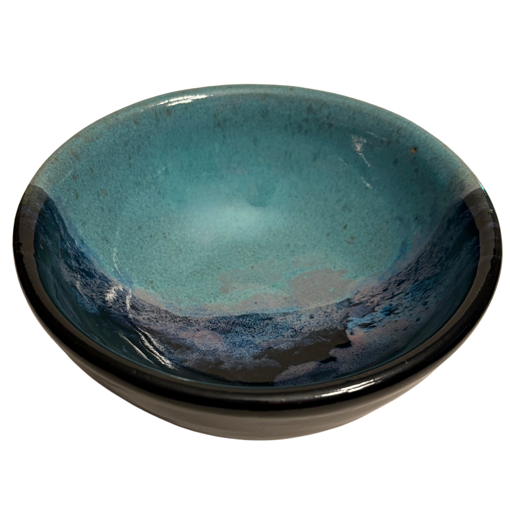 Arctic Twilight handmade ceramic salad bowl with teal and deep blue glaze accented by soft lavender tones resembling icy dusk.