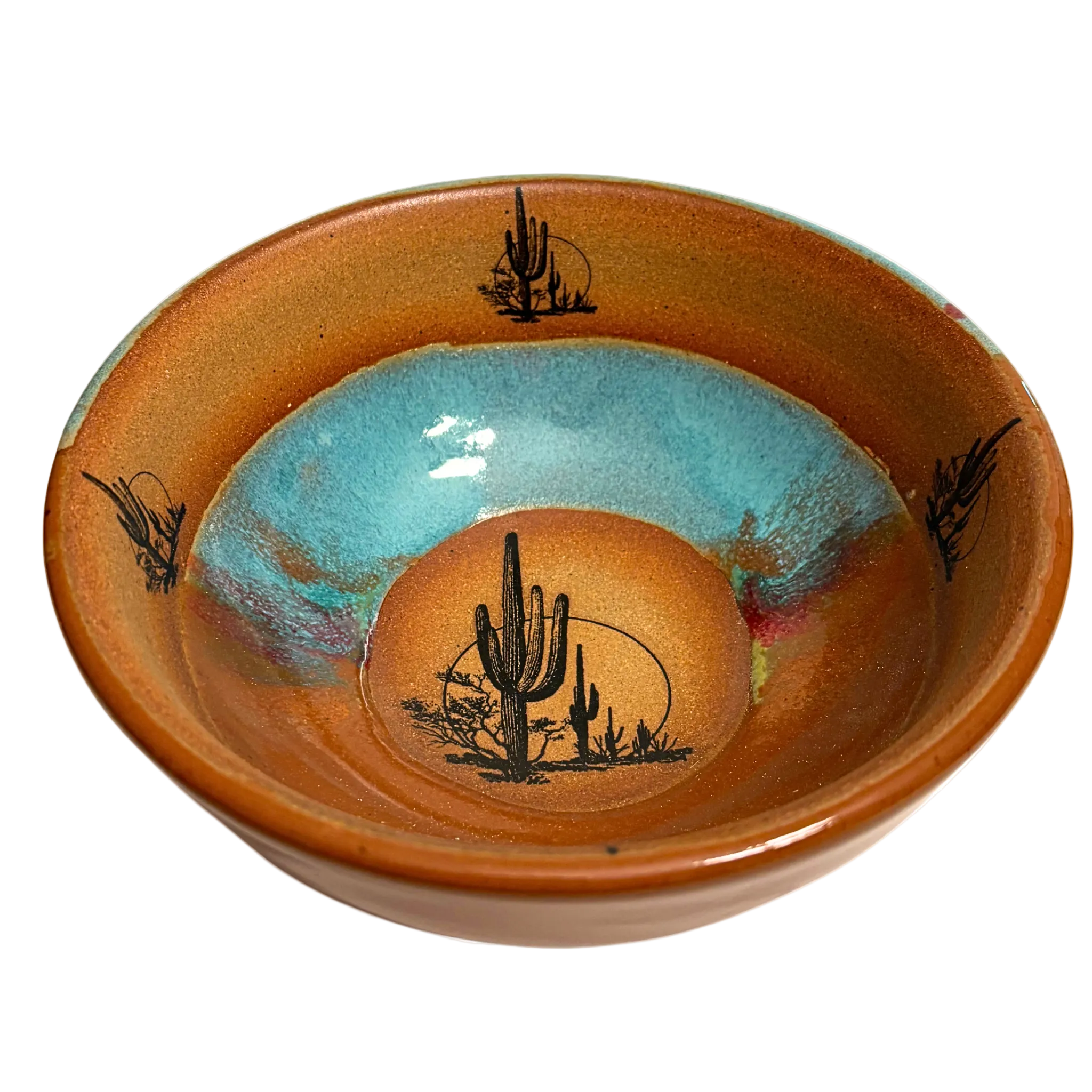 Desert Sky with Cacti handmade ceramic salad bowl featuring turquoise and rust glaze with black cactus desert design.