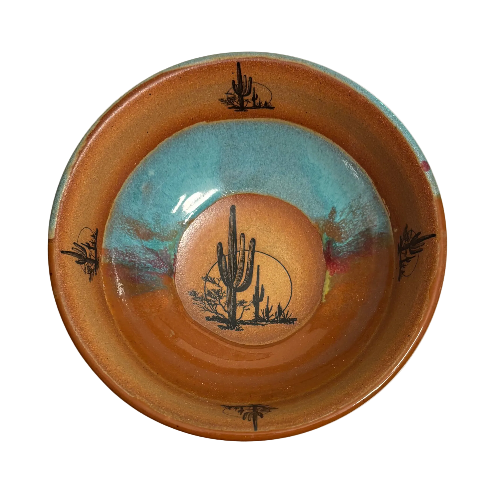 Desert Sky with Cacti handmade ceramic salad bowl featuring turquoise and rust glaze with black cactus desert design.