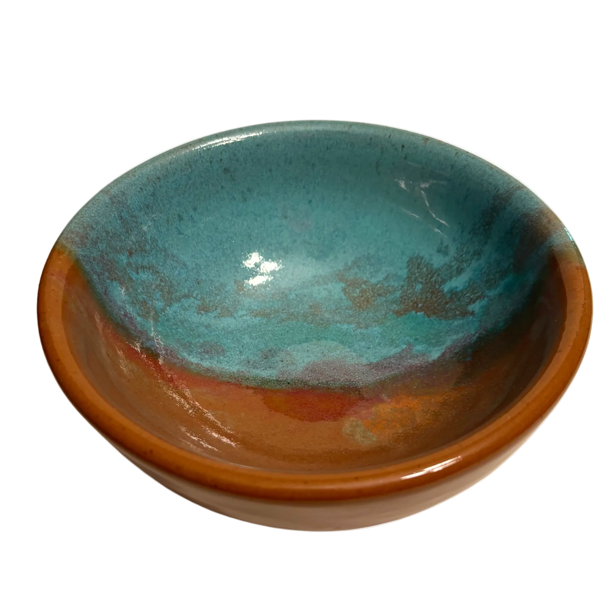 Desert Sky handmade ceramic salad bowl with turquoise interior and warm rust glaze resembling desert sunset tones.