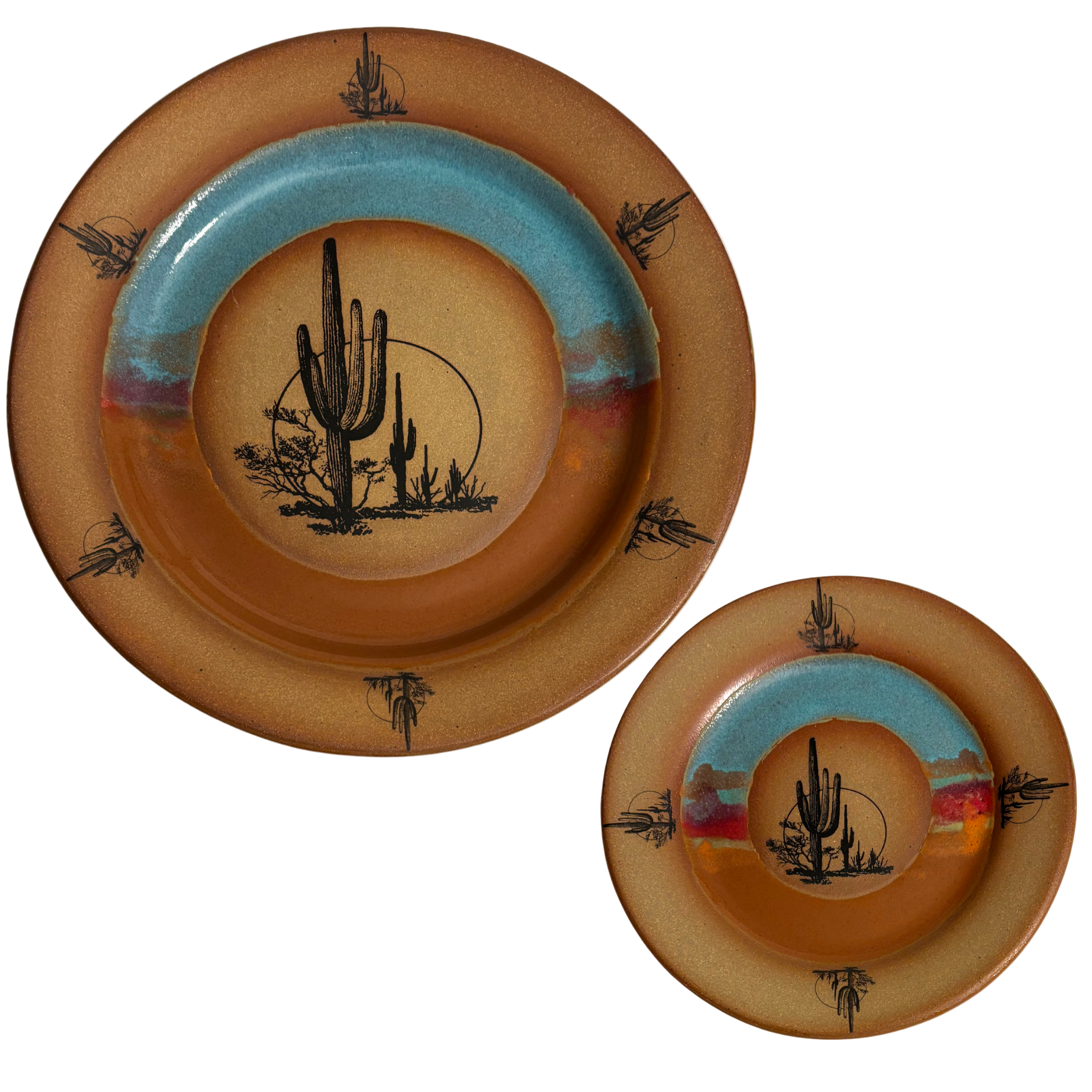 Handmade ceramic dinner & salad plates with blue and rust glaze featuring cactus and desert landscape band.