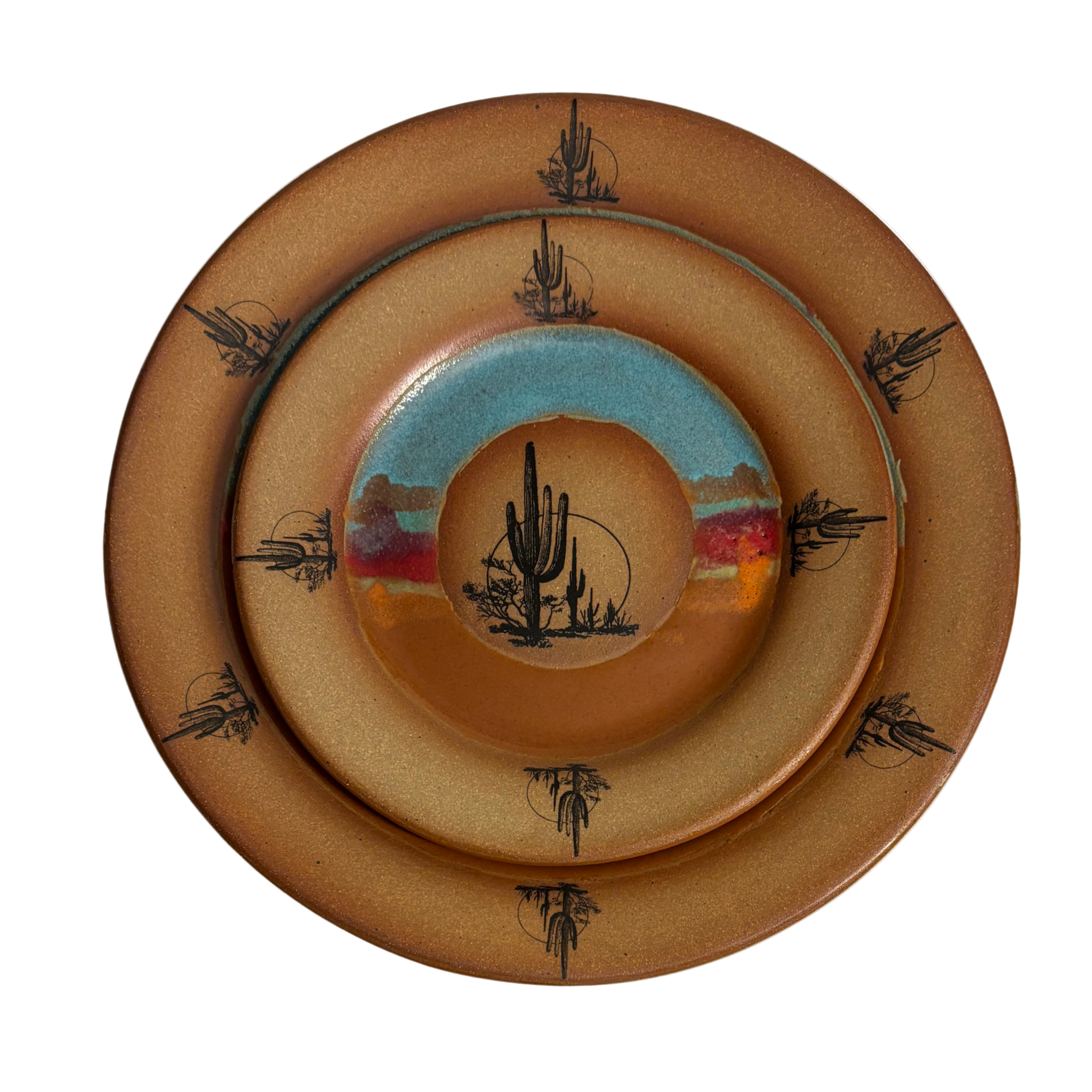 Handmade ceramic dinner & salad plates with blue and rust glaze featuring cactus and desert landscape band.