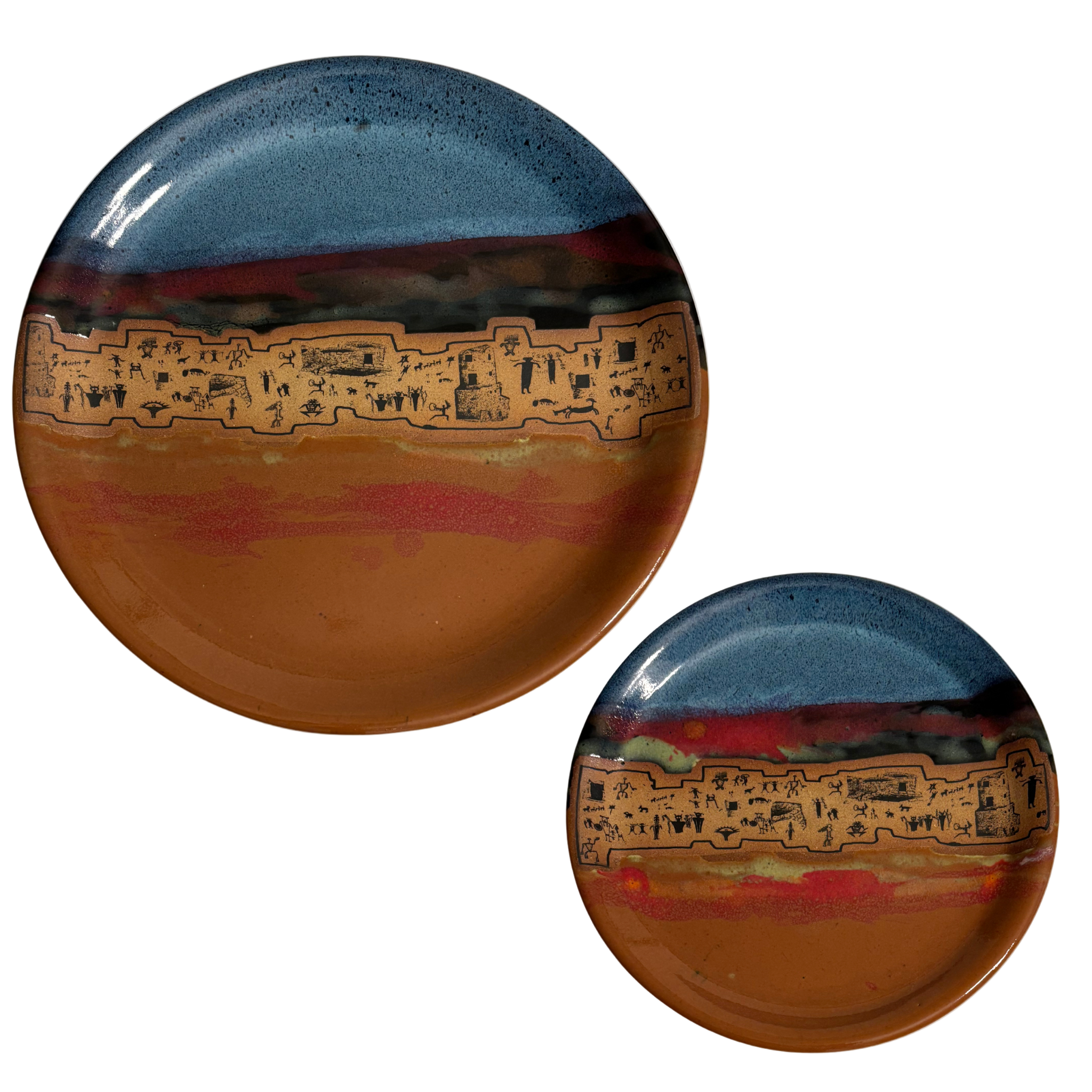 Handmade ancient Echoes ceramic dinner & salad plates with blue, red, and orange glaze featuring petroglyph village design.