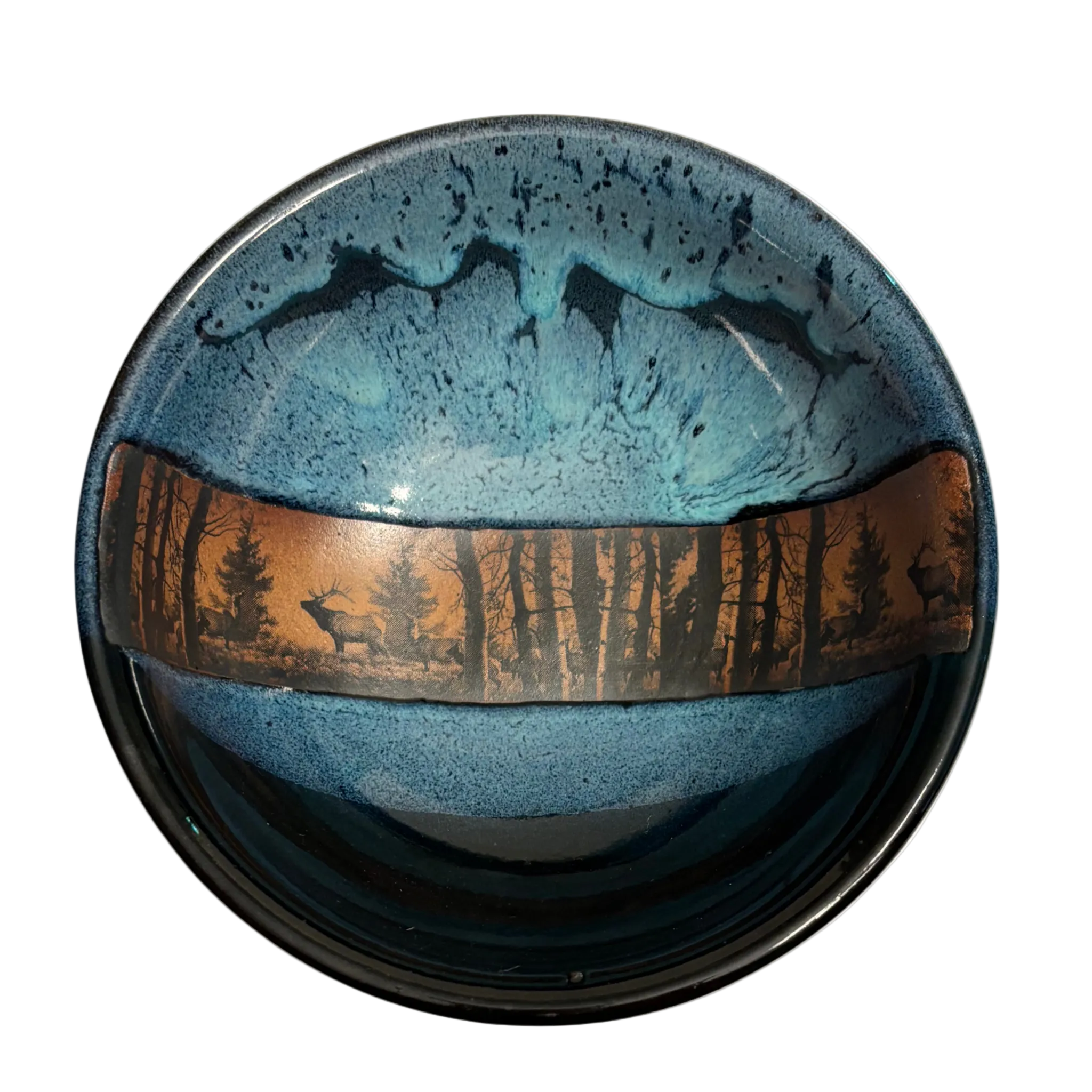 Enchanted Forest handmade ceramic salad bowl with blue glaze and woodland elk silhouette against forest landscape band.