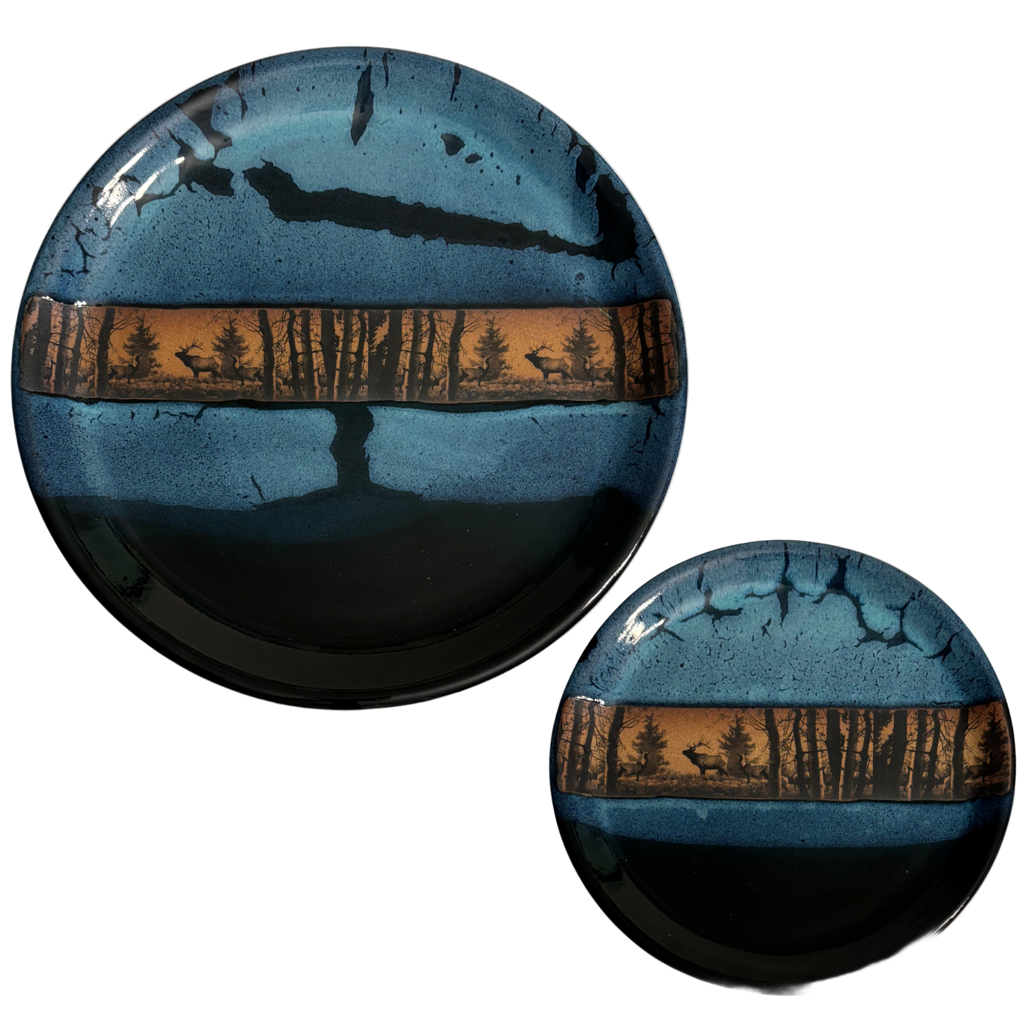 Handmade enchanted forest ceramic dinner & salad plates with blue-black glaze and woodland deer scene band.