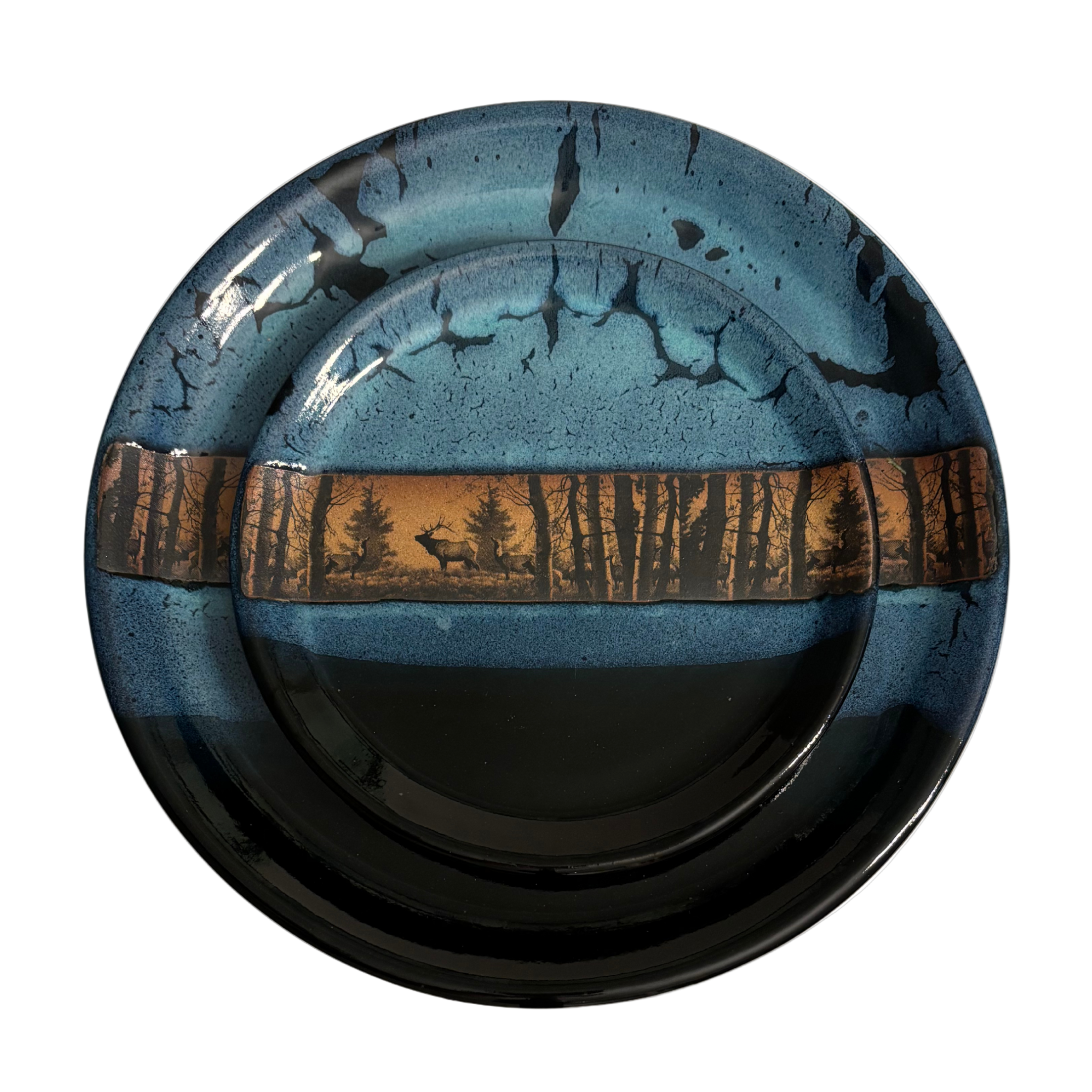 Handmade enchanted forest ceramic dinner & salad plates with blue-black glaze and woodland deer scene band.