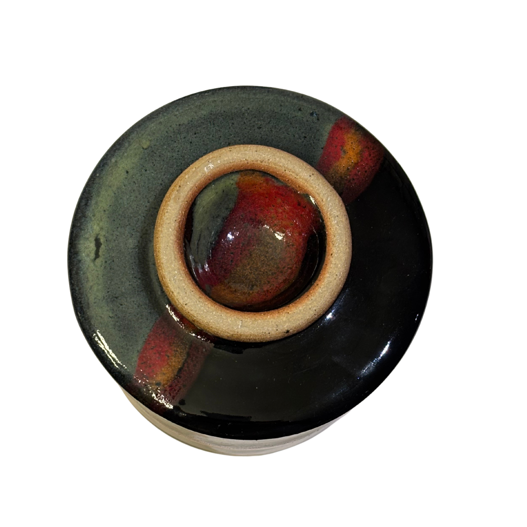 Handmade ceramic French butter press in Mountain Dusk glaze with green, red, and black tones