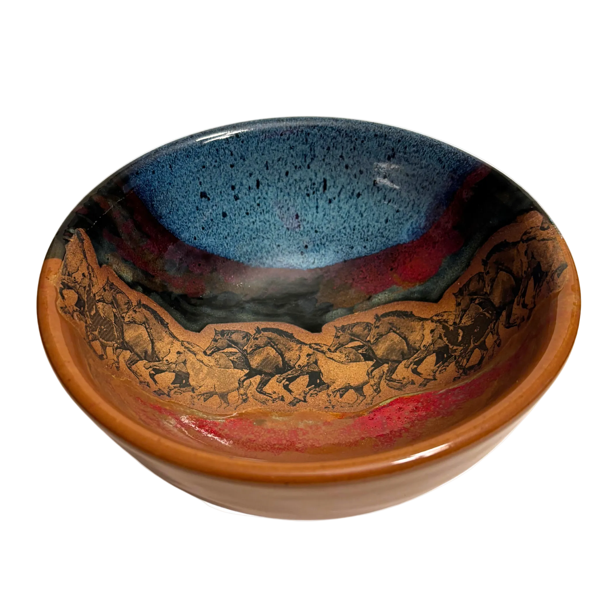 Galloping Spirits handmade ceramic salad bowl with blue and red glaze featuring running horse silhouette design.