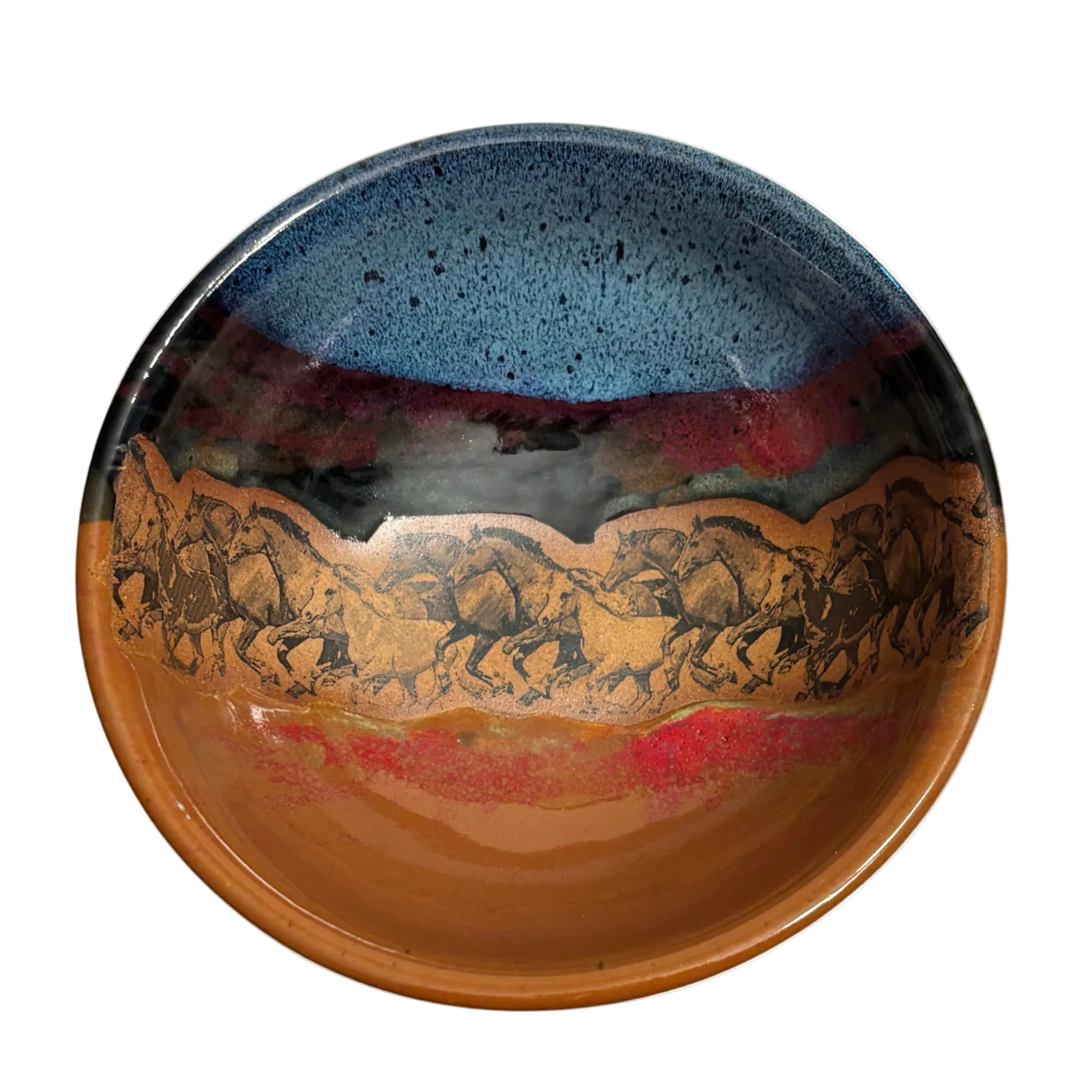 Galloping Spirits handmade ceramic salad bowl with blue and red glaze featuring running horse silhouette design.