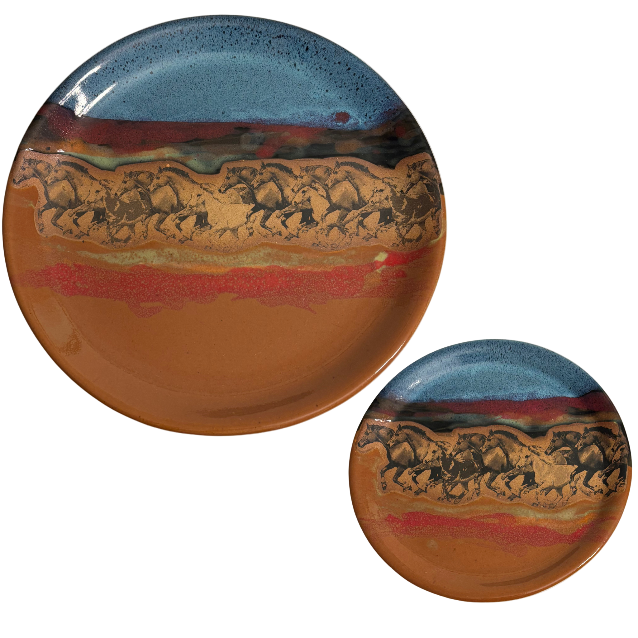 Handmade Alpine Wilderness ceramic dinner & salad plates with green glaze and mountain wildlife silhouette band.