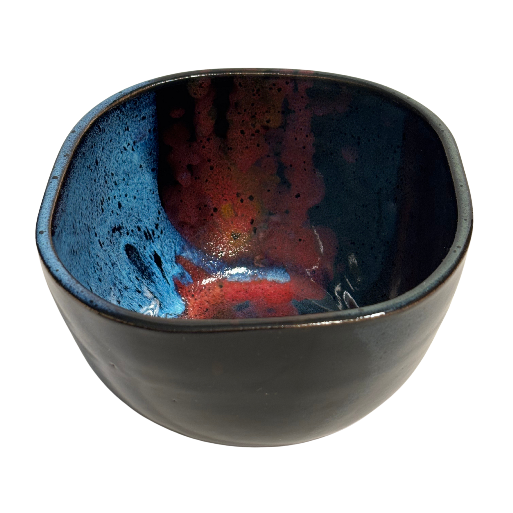 Mountain Dusk handmade ceramic salad bowl with deep navy, crimson and sky-blue glossy glaze.