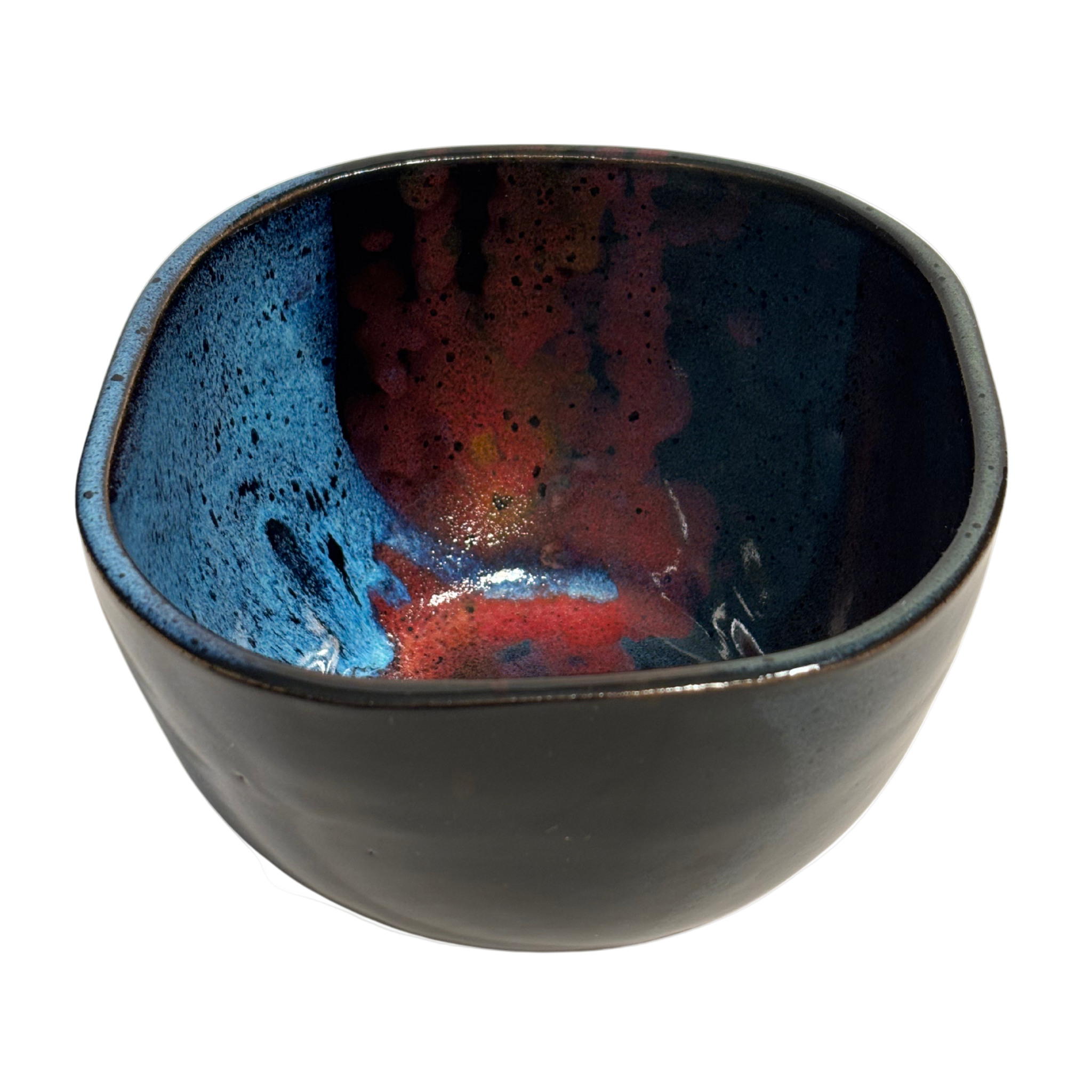 Mountain Dusk handmade ceramic salad bowl with deep navy, crimson and sky-blue glossy glaze.
