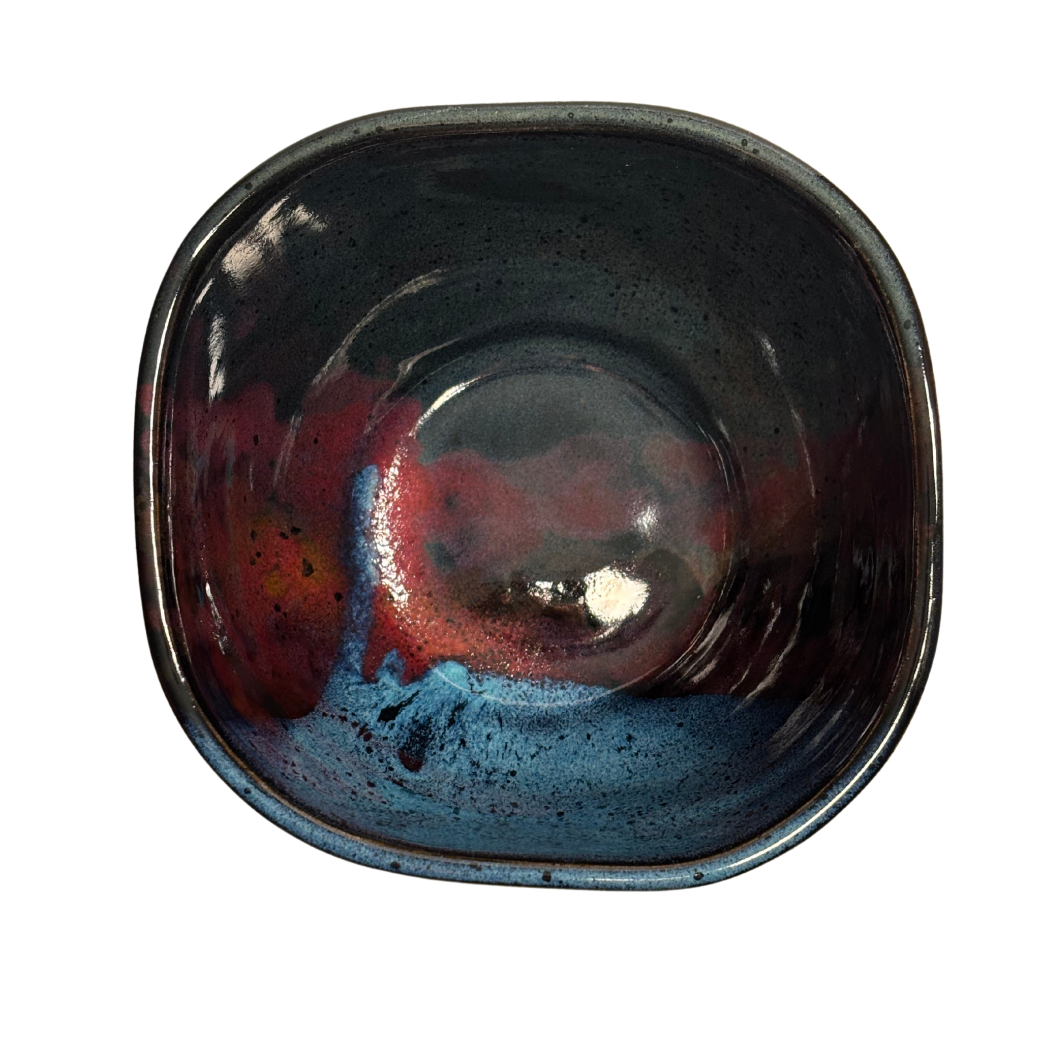 Mountain Dusk handmade ceramic salad bowl with deep navy, crimson and sky-blue glossy glaze.