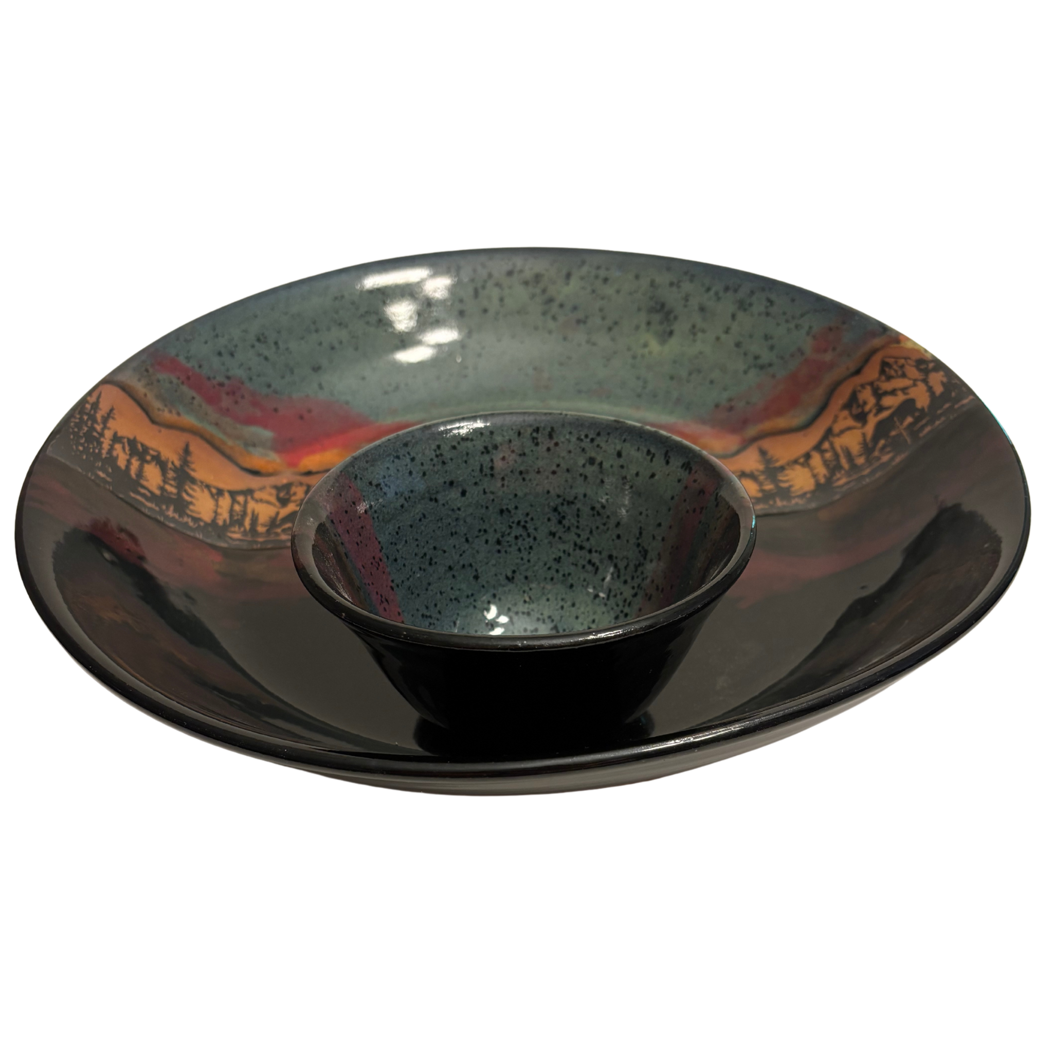 Jasper Wilderness handmade ceramic chip and dip platter with moose and mountain silhouette, accented by green, red, and black multicolor glaze.