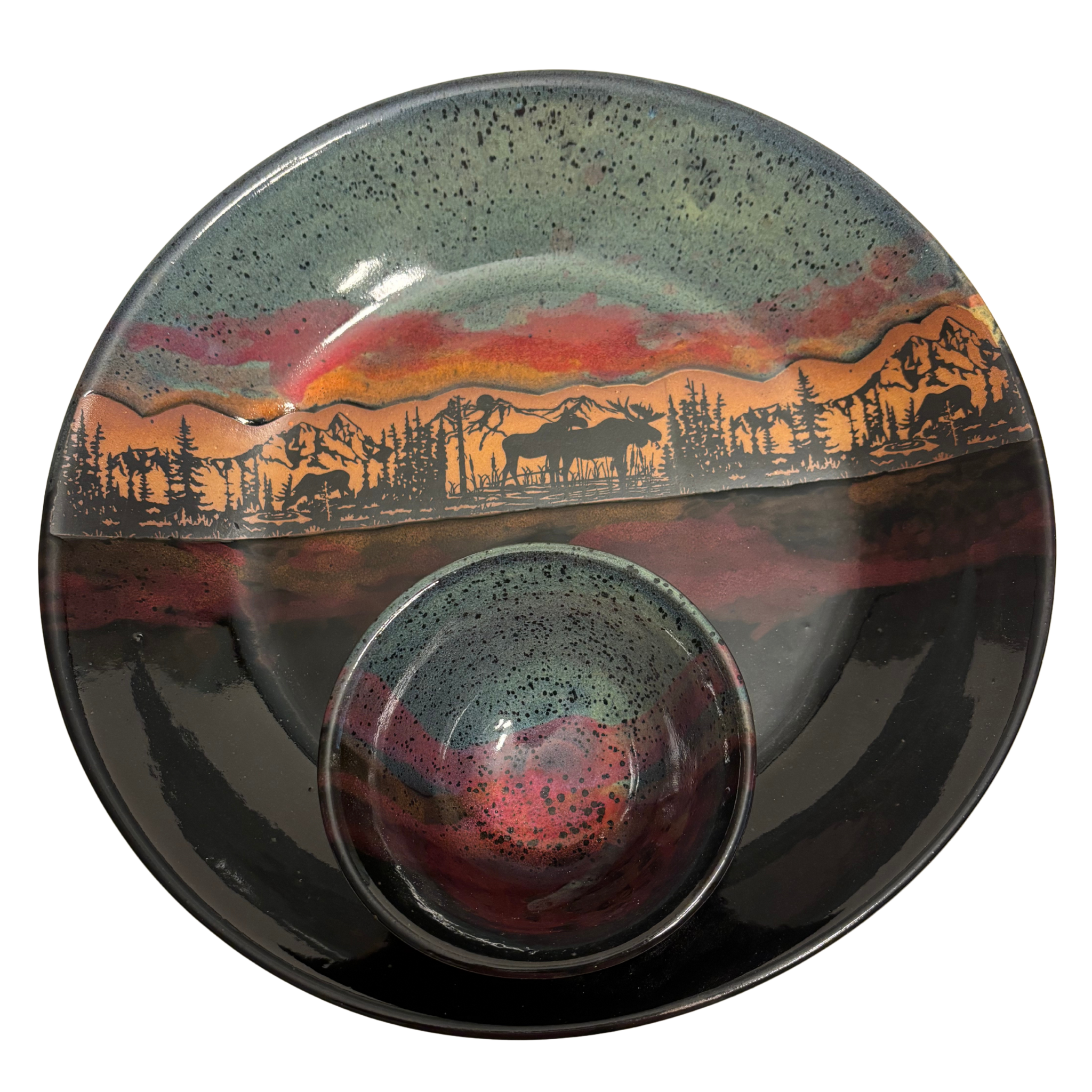 Jasper Wilderness handmade ceramic chip and dip platter with moose and mountain silhouette, accented by green, red, and black multicolor glaze.