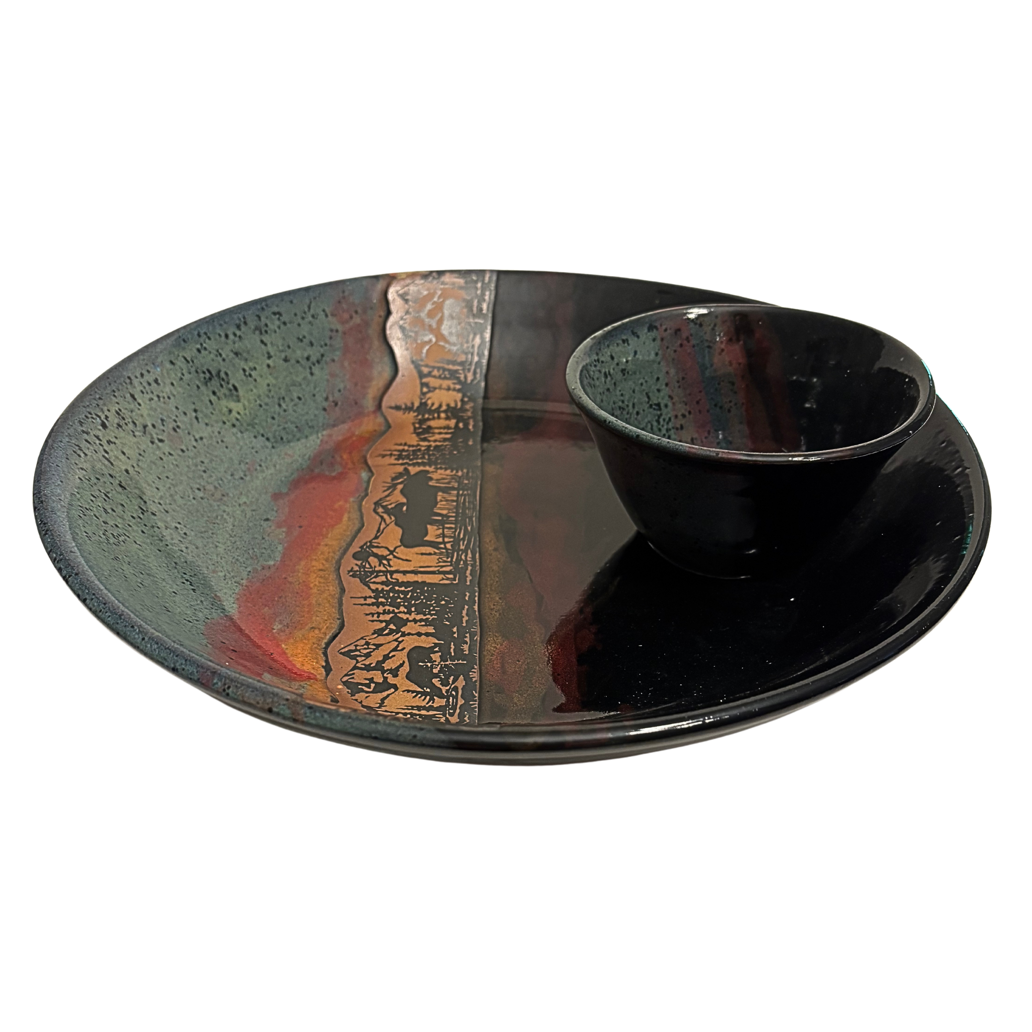 Jasper Wilderness handmade ceramic chip and dip platter with moose and mountain silhouette, accented by green, red, and black multicolor glaze.