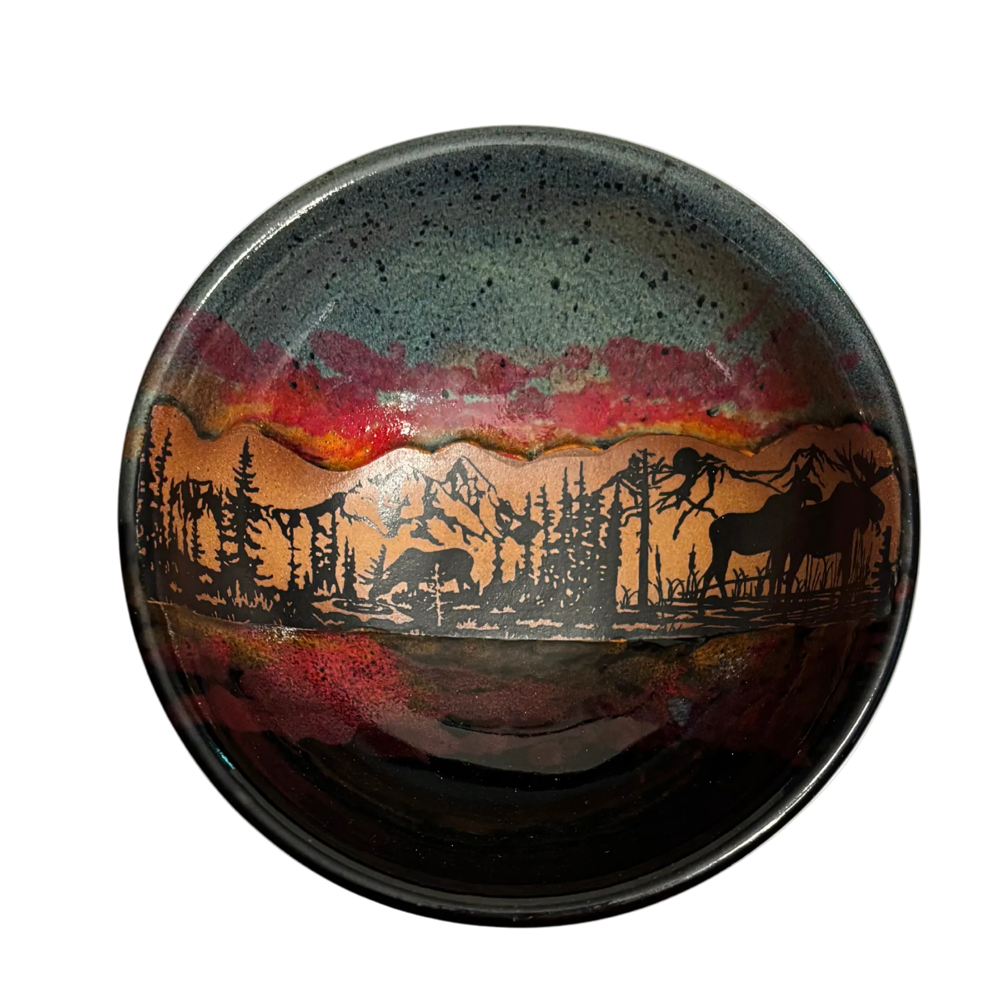 asper Wilderness handmade ceramic salad bowl with green and red glaze featuring elk and mountain forest silhouette design.