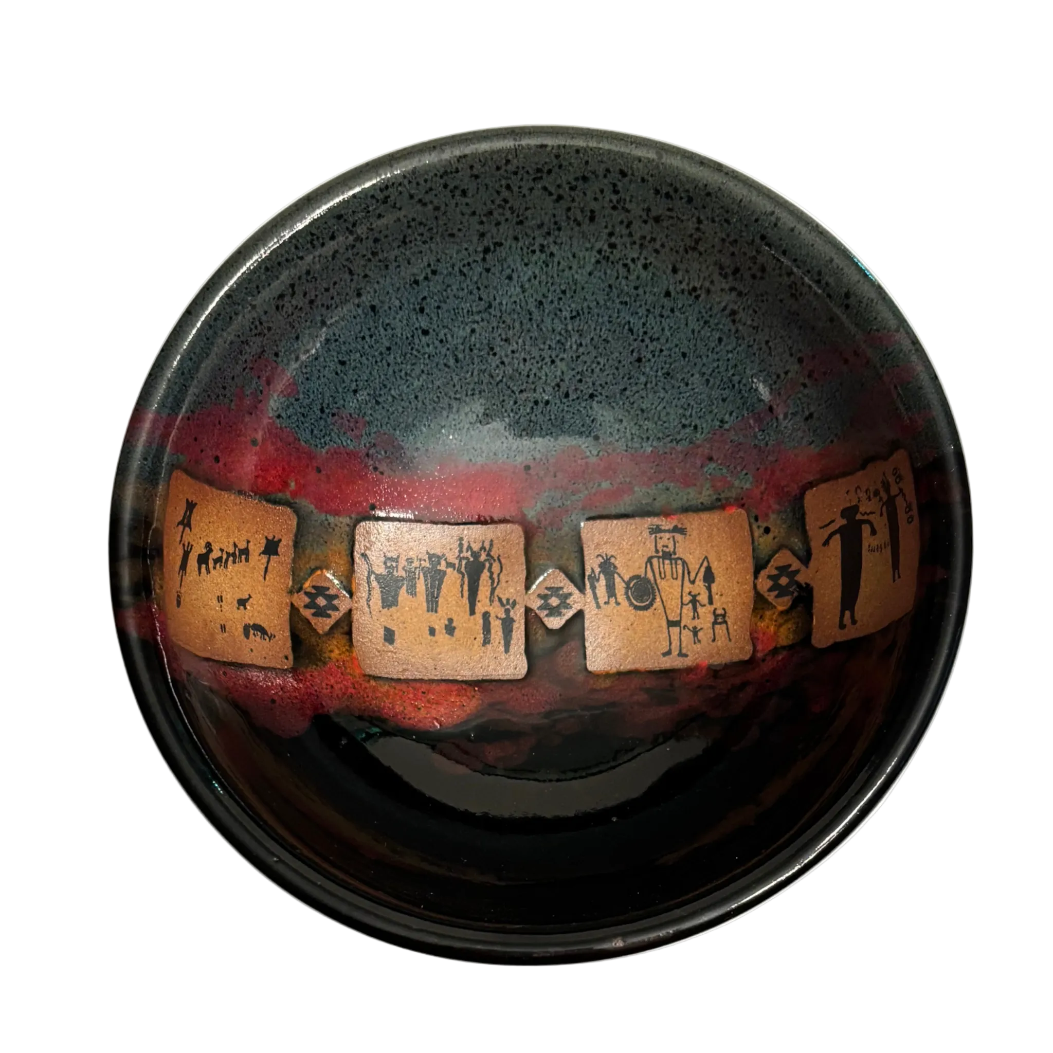 Lost Cities handmade ceramic salad bowl with dark glaze and ancient petroglyph tile design in earthy tones.