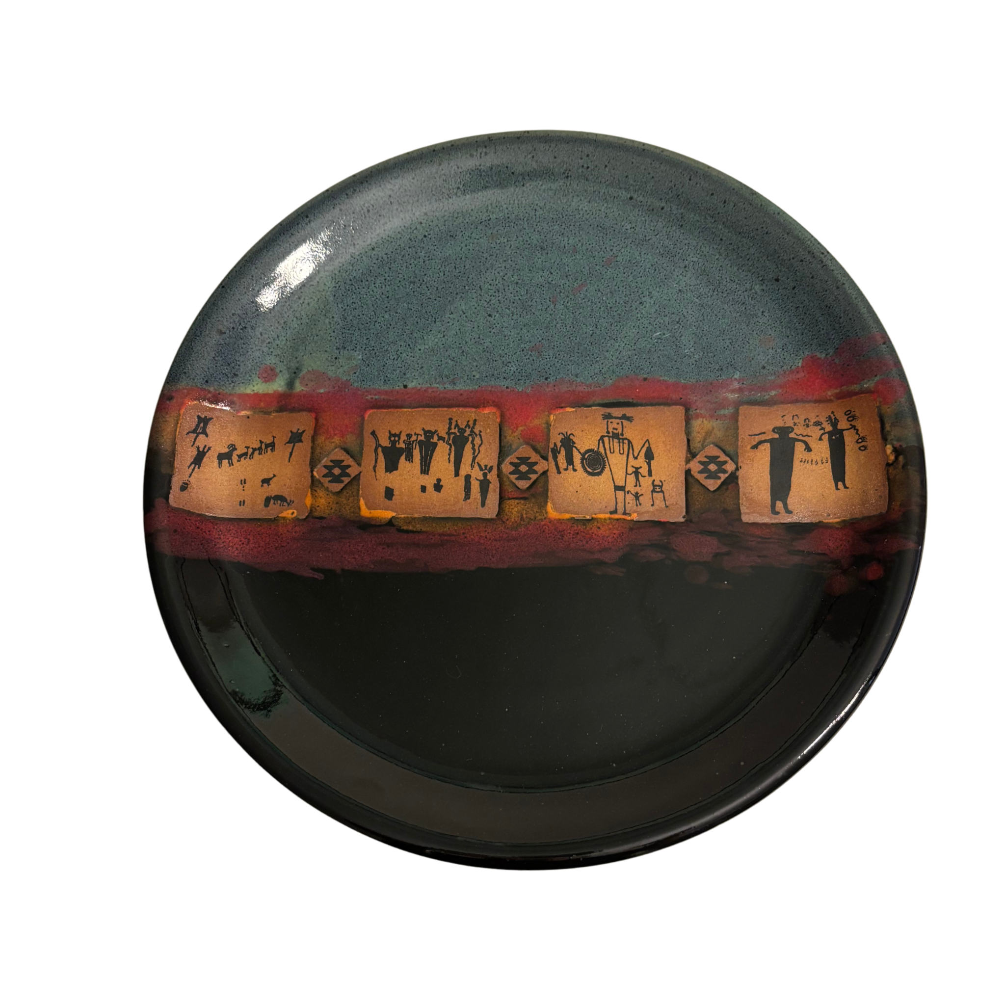 Handmade ceramic dinner & salad plate set, blue-black glaze with red band and tan glyph tiles.