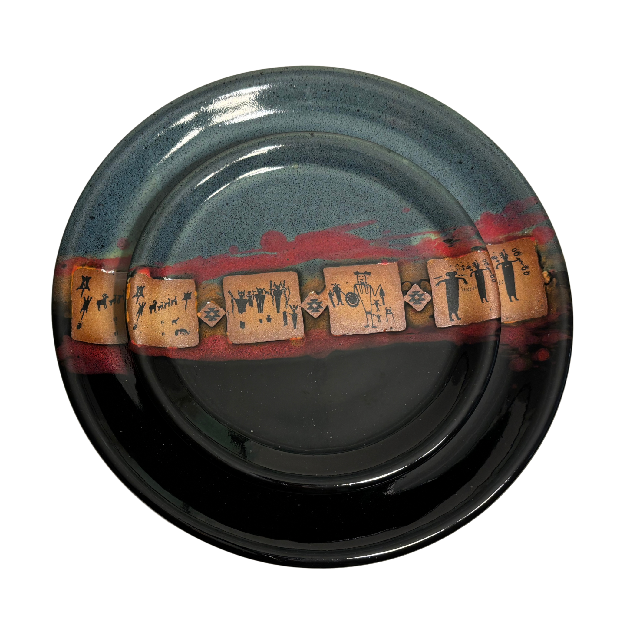 Handmade ceramic dinner & salad plate set, blue-black glaze with red band and tan glyph tiles.