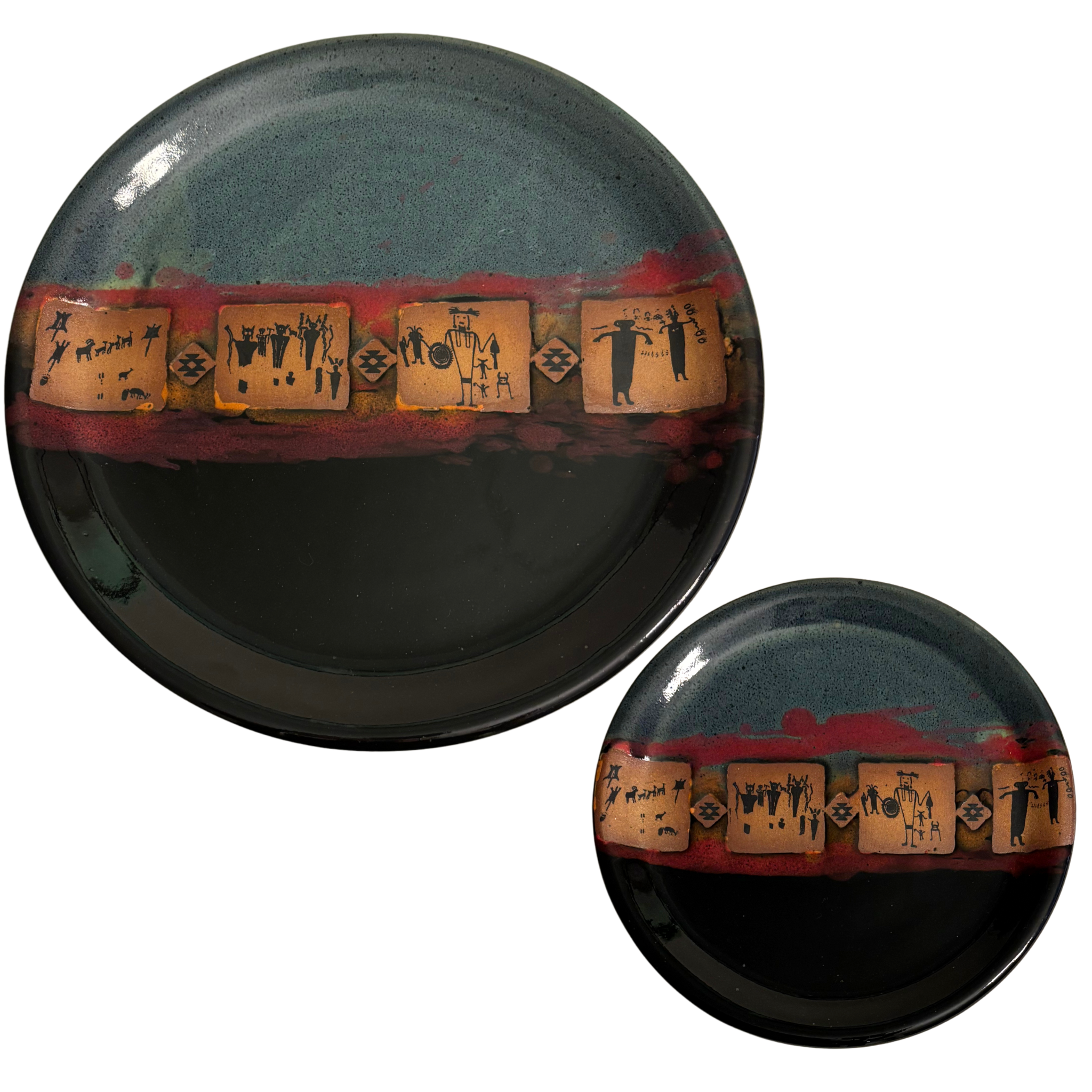Handmade ceramic dinner & salad plate set, blue-black glaze with red band and tan glyph tiles.