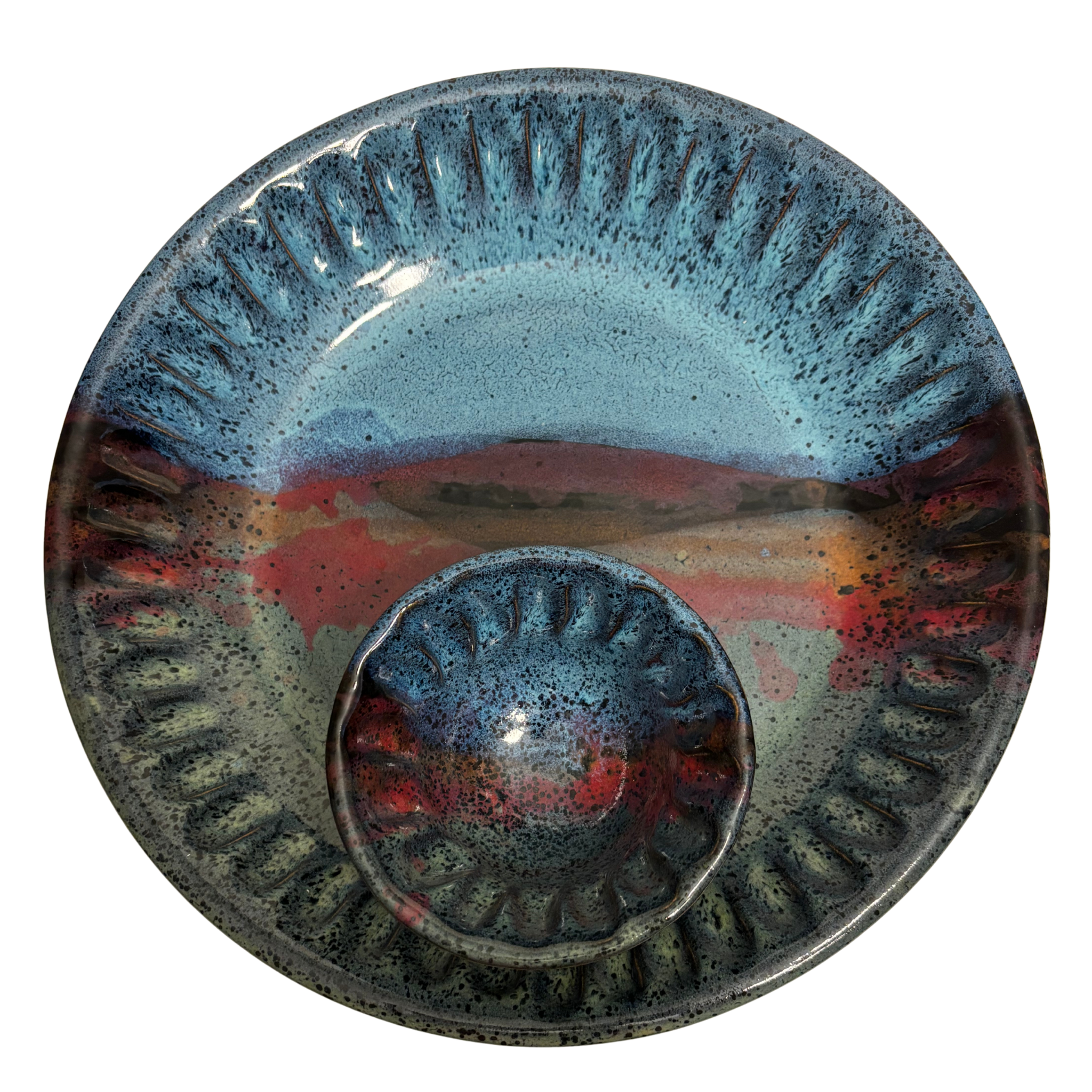 Mountain Dusk handmade ceramic chip and dip platter with layered blue, red, and earthy glazes creating a serene mountain sunset effect.