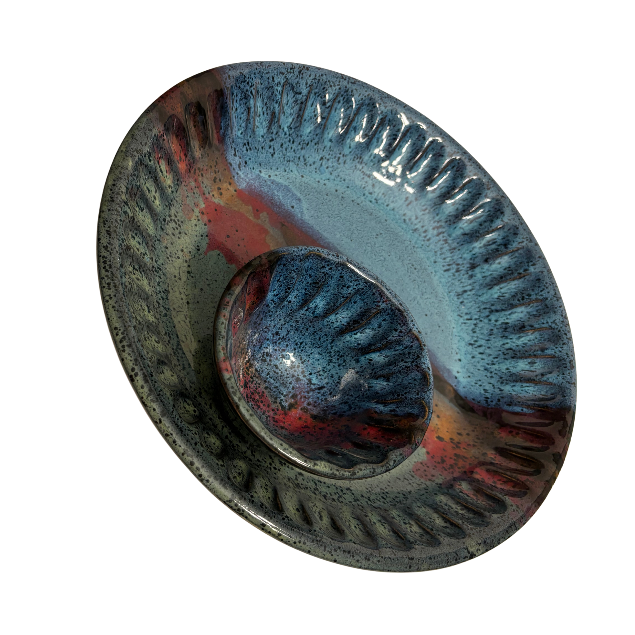 Mountain Dusk handmade ceramic chip and dip platter with layered blue, red, and earthy glazes creating a serene mountain sunset effect.